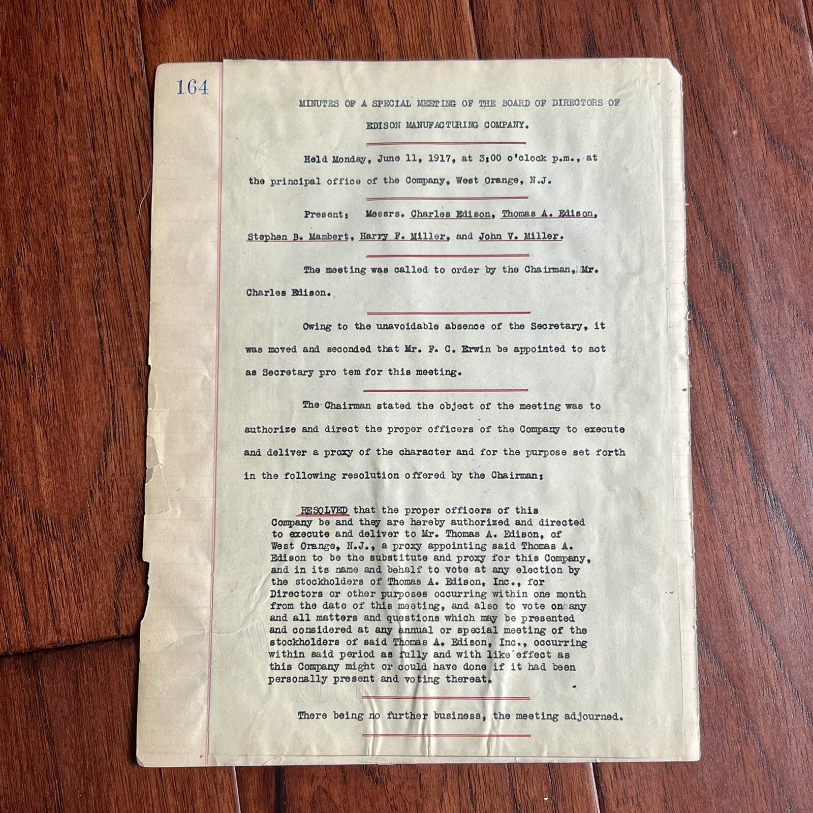 THOMAS EDISON * JSA LOA * AUTOGRAPH 1917 World War 1 Experiments Minutes SIGNED