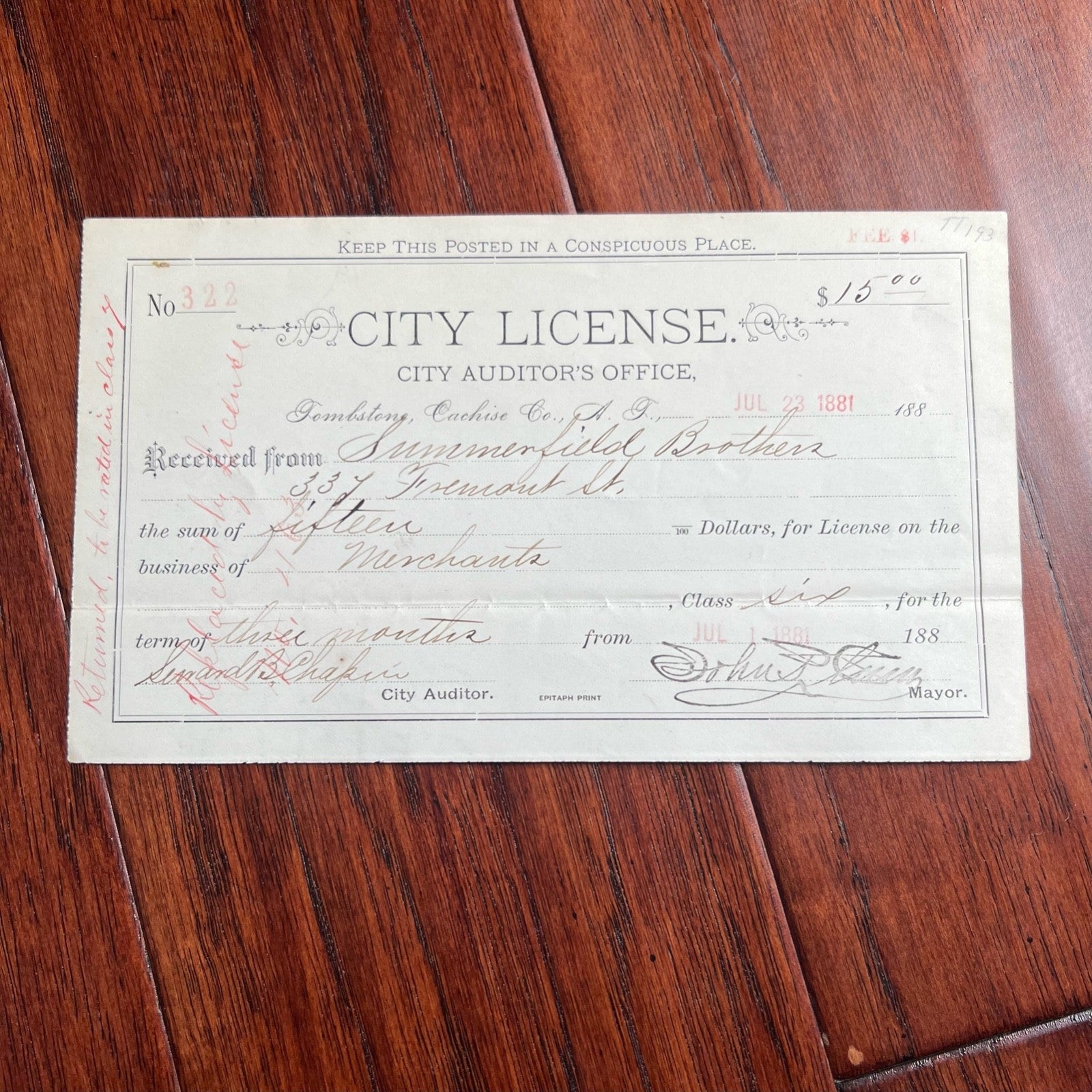 TOMBSTONE, AZ City Merchant License Just Steps From The  O.K. CORRAL * 1881