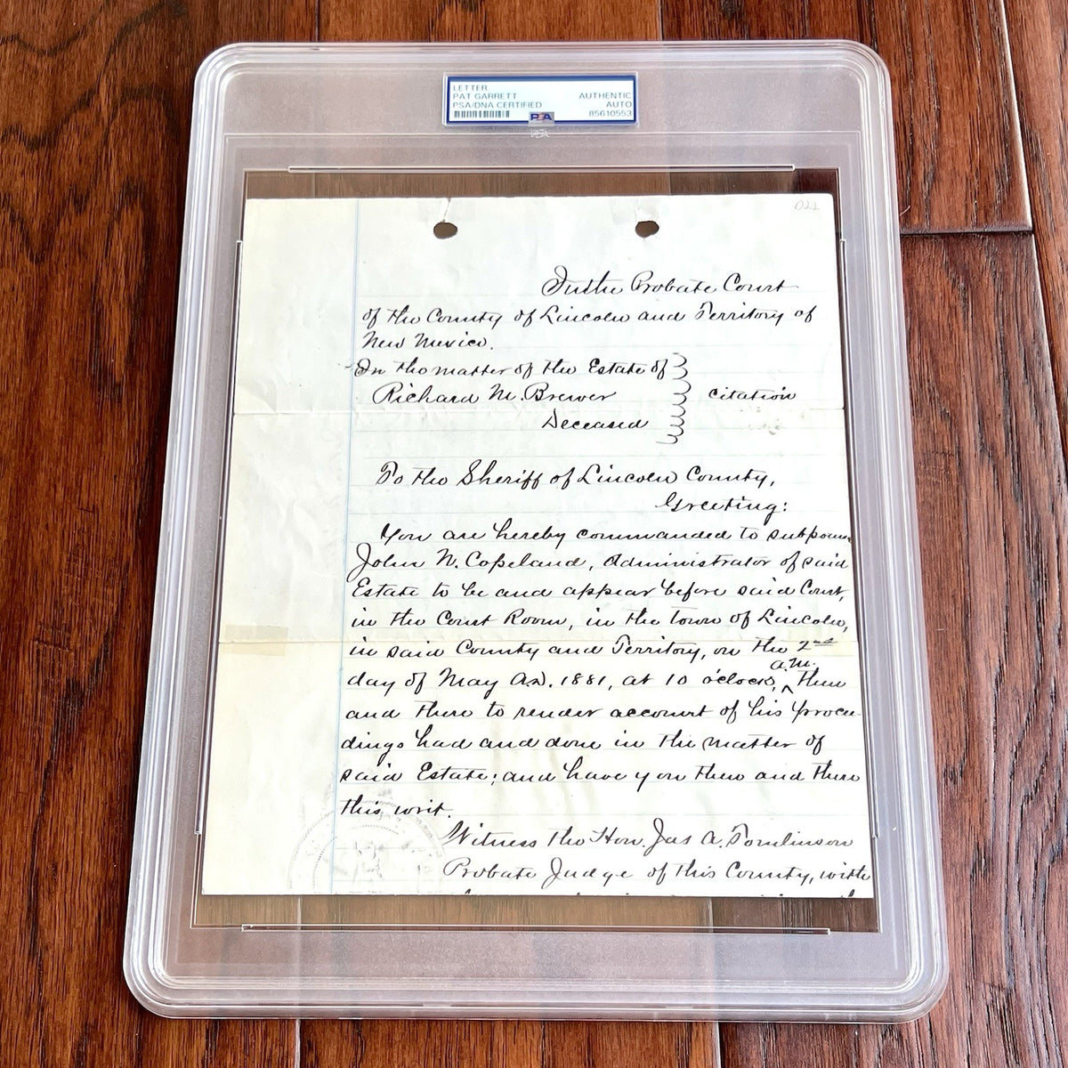 PAT GARRETT * PSA * Signed 1881 Billy the Kid Lawman Autograph SHERIFF Subpoena