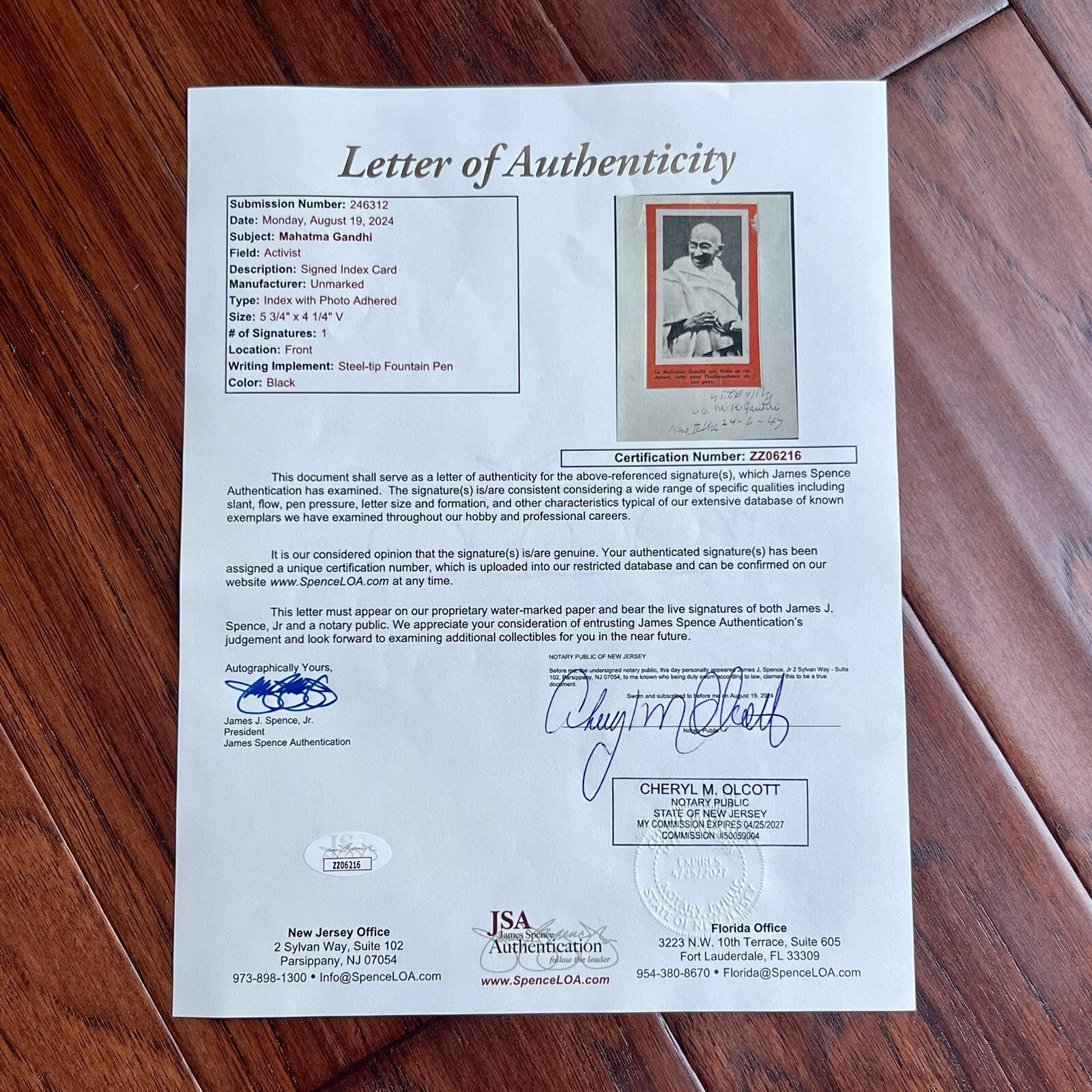 MAHATMA GANDHI * JSA * Double Signed AUTOGRAPH Photo * New Delhi