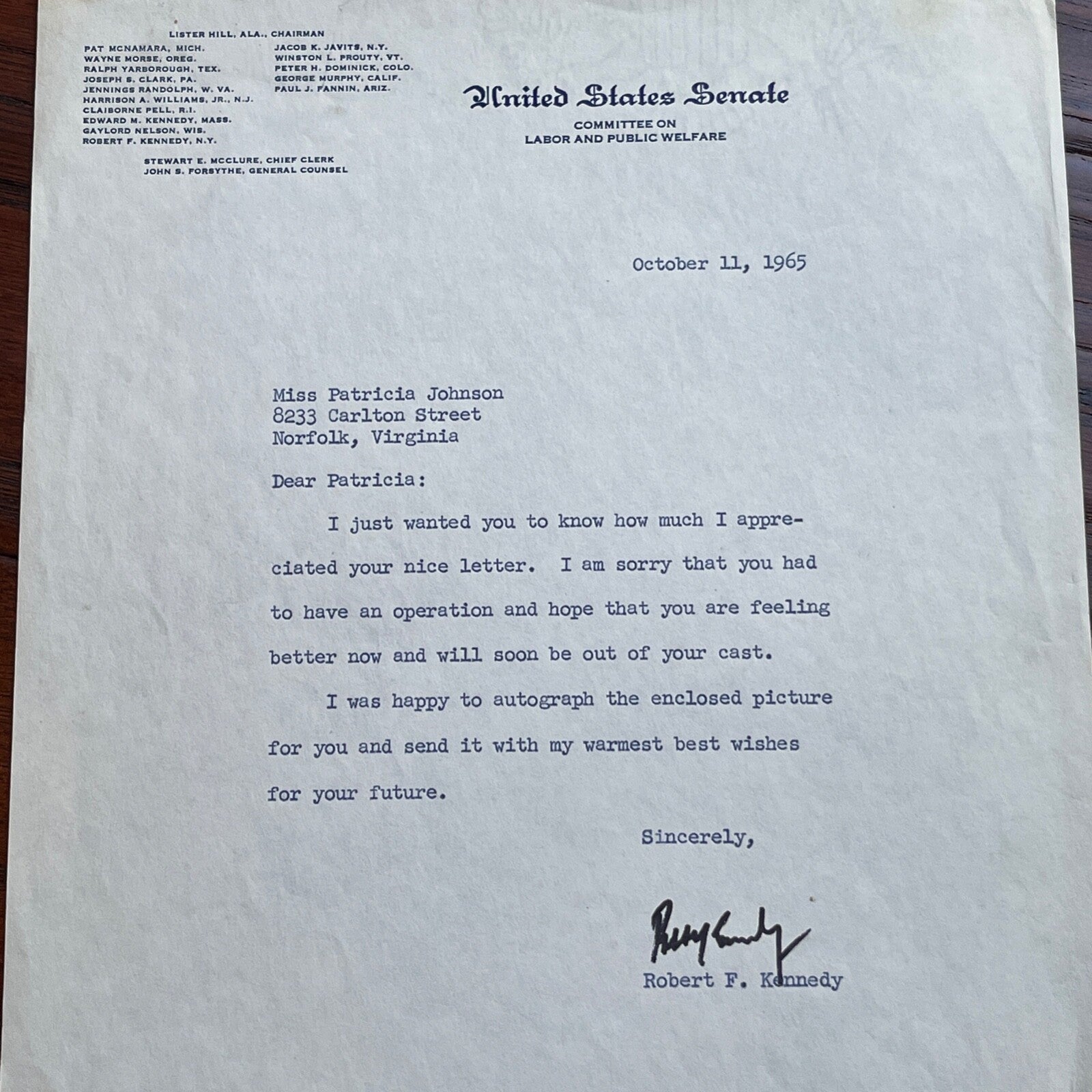 ROBERT F. KENNEDY * JSA * Autograph U.S. SENATE Letter SIGNED * RFK