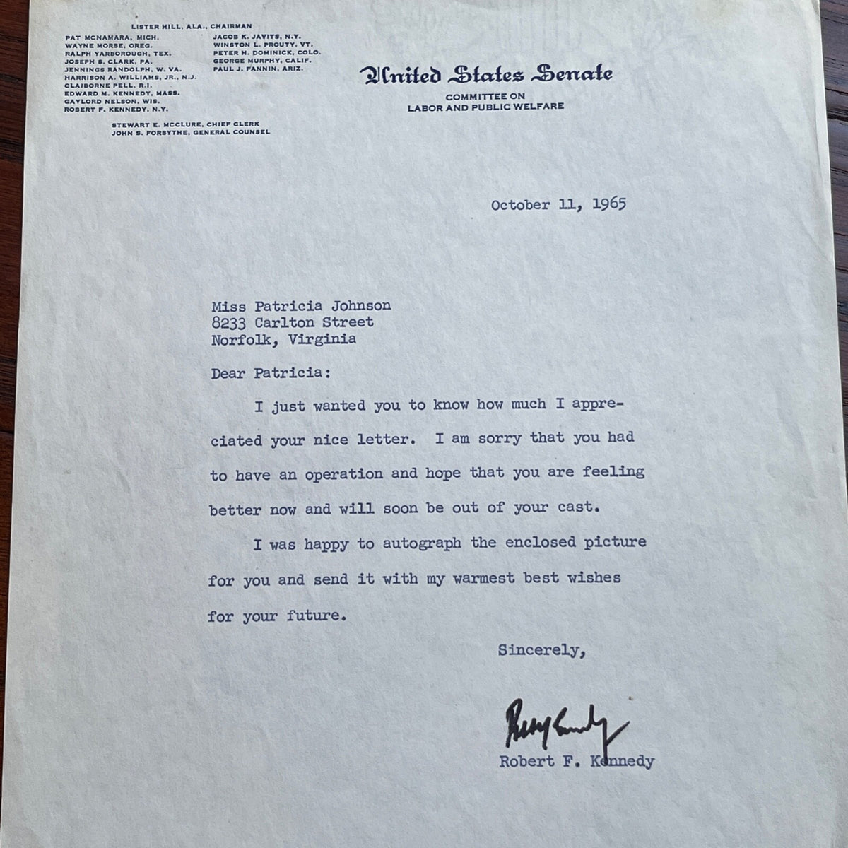 ROBERT F. KENNEDY * JSA * Autograph U.S. SENATE Letter SIGNED * RFK