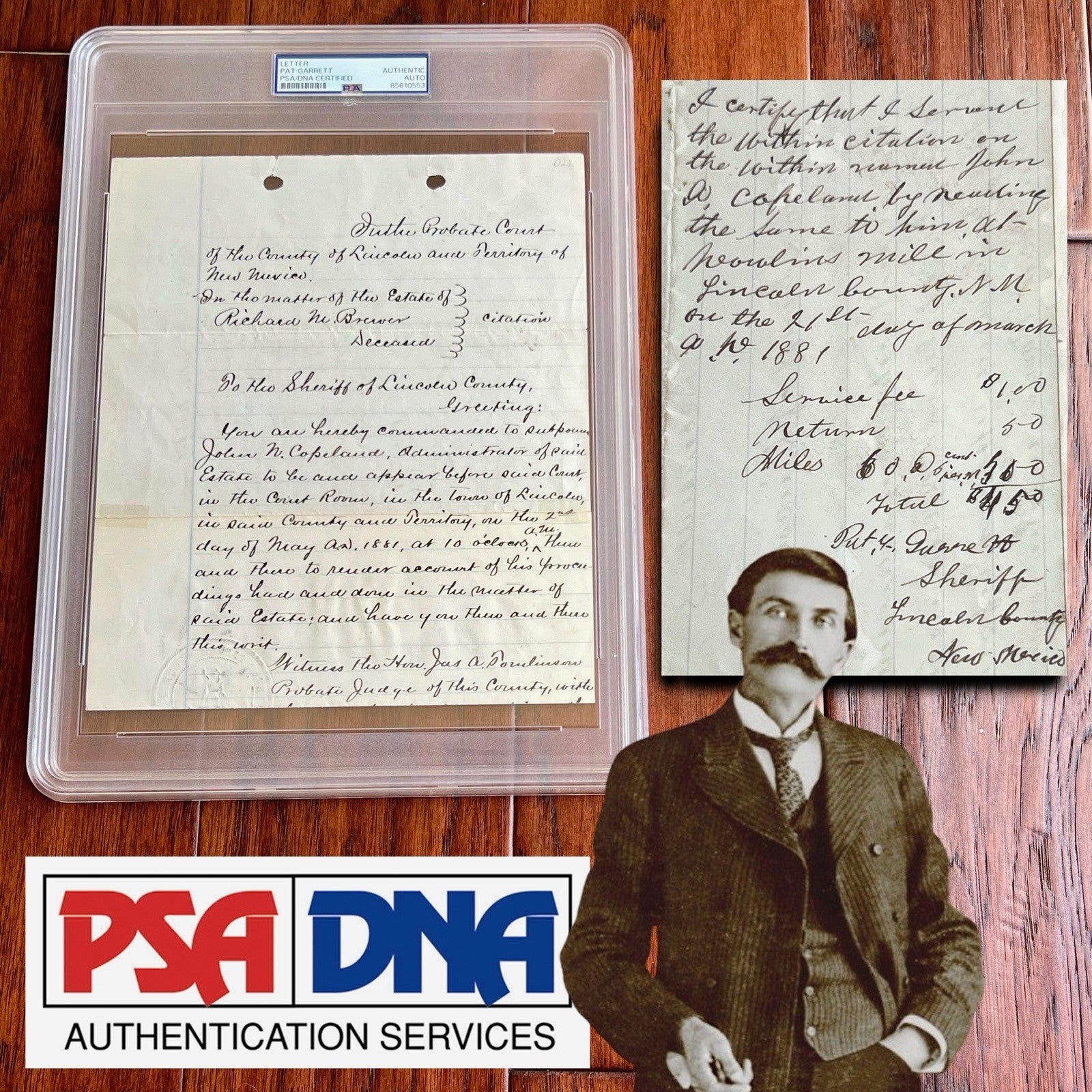 PAT GARRETT * PSA * Signed 1881 Billy the Kid Lawman Autograph SHERIFF Subpoena