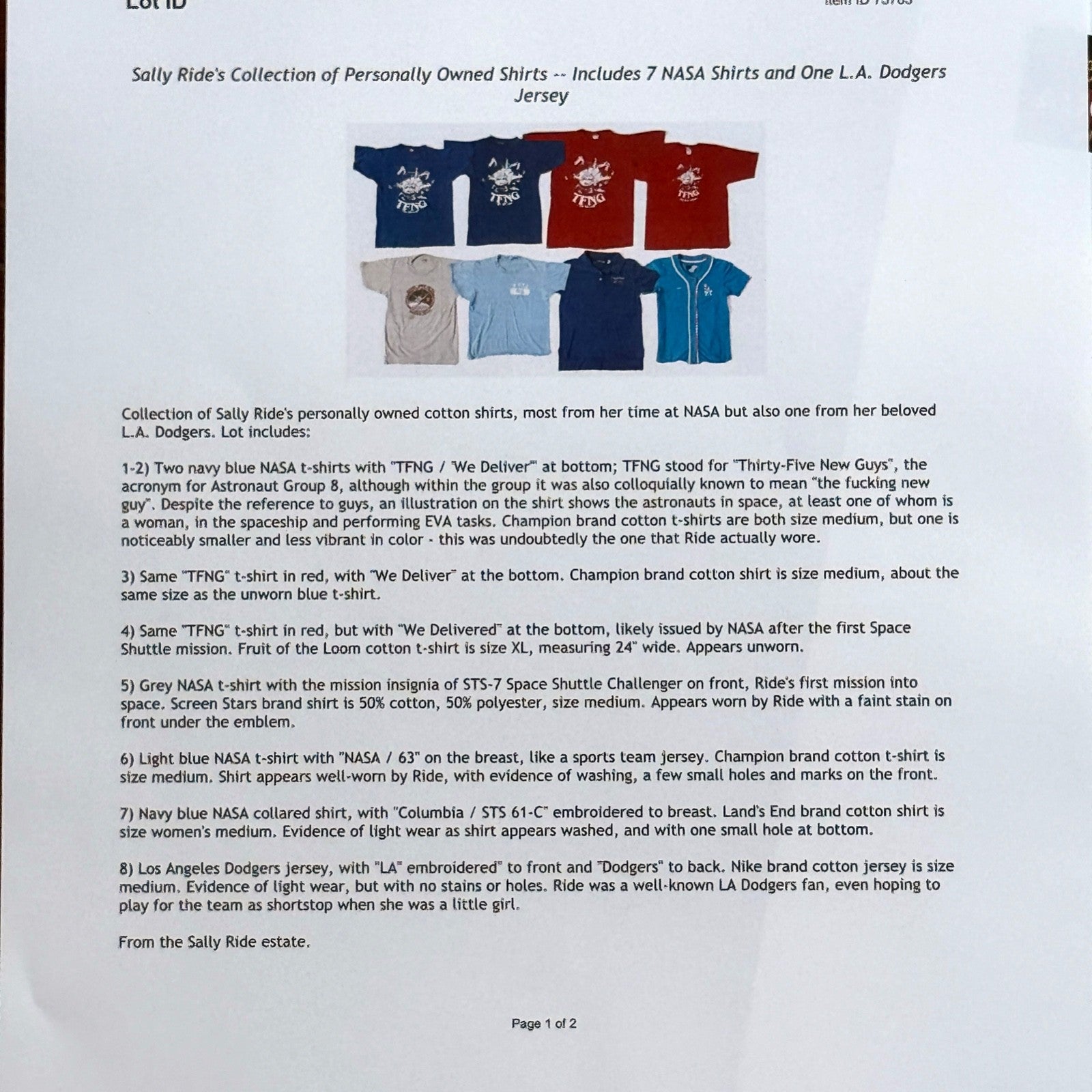 SALLY RIDE * Ride Estate Signed COA * Her Owned & Worn NASA 63 Light Blue Jersey