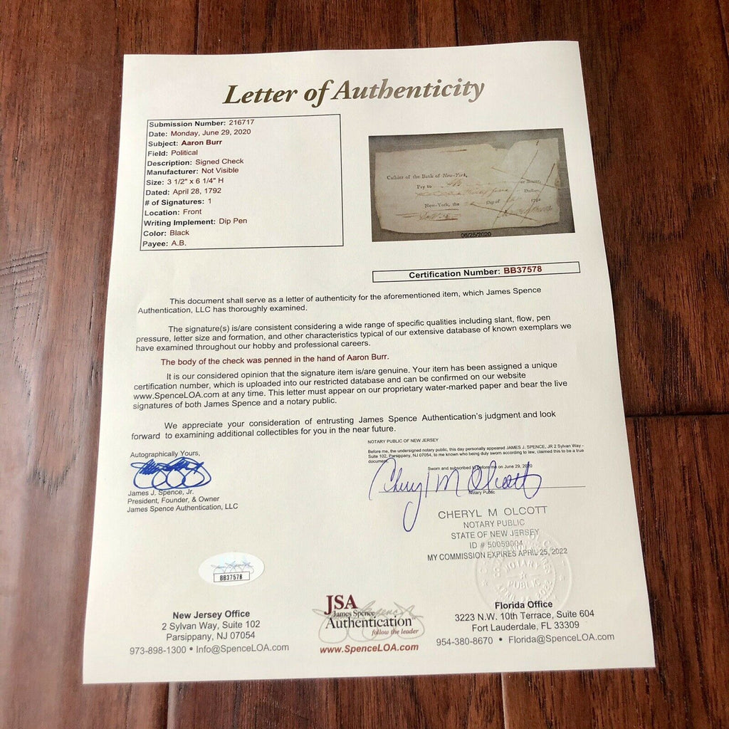 AARON BURR * JSA LOA * Autograph 2x Signed Check Dueled Alexander Hamilton