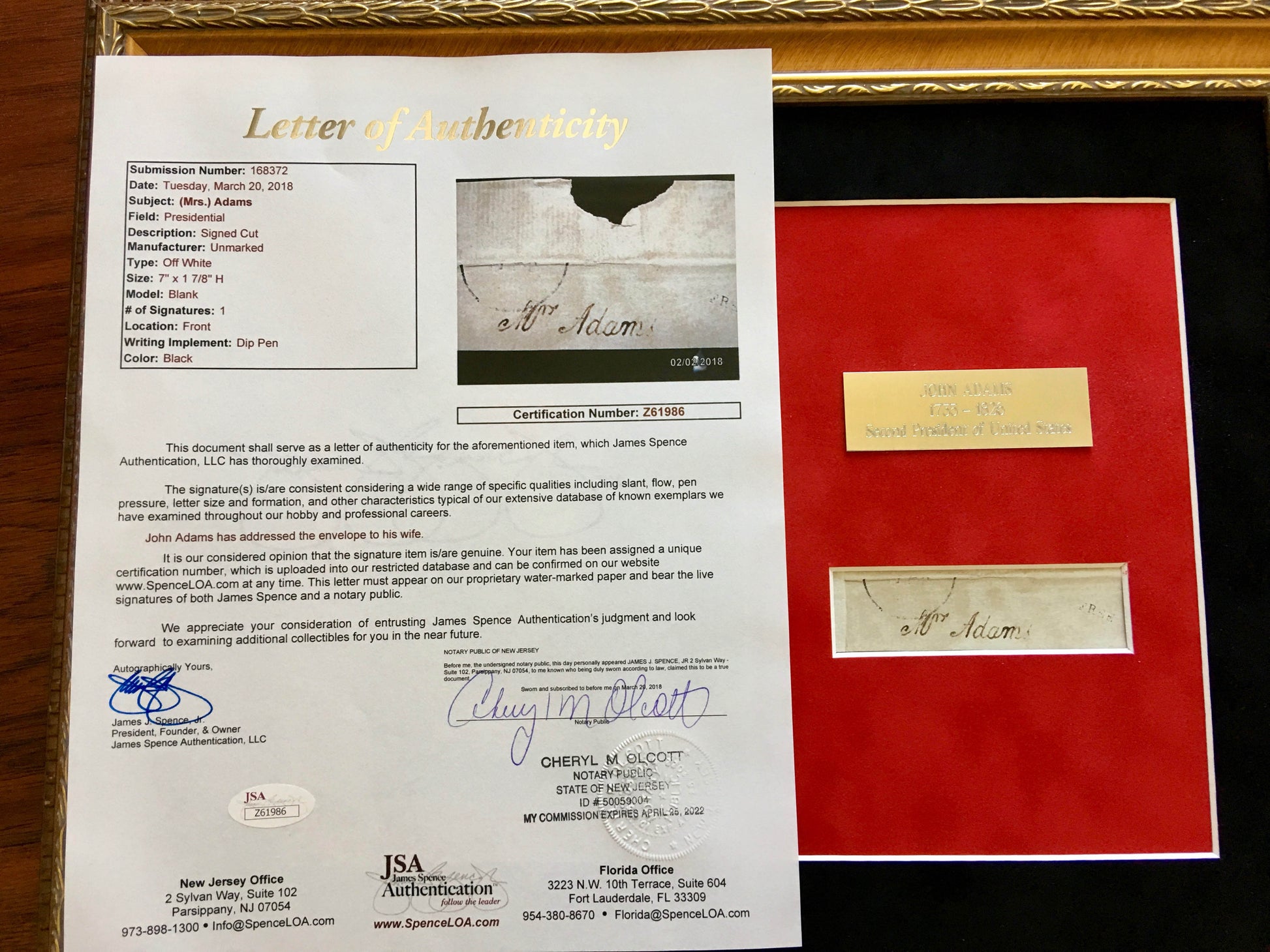 JOHN ADAMS * Scarce AUTOGRAPH Cut Signature SIGNED * JSA COA * 2nd President