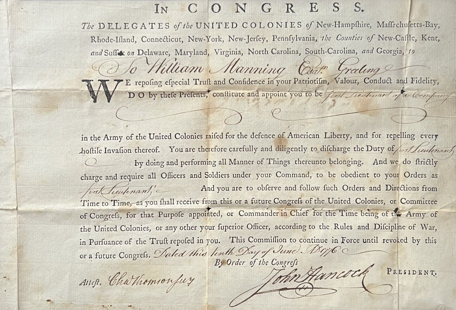 JOHN HANCOCK * Signed 1776 Appointment of Lexington Concord Soldier Autograph