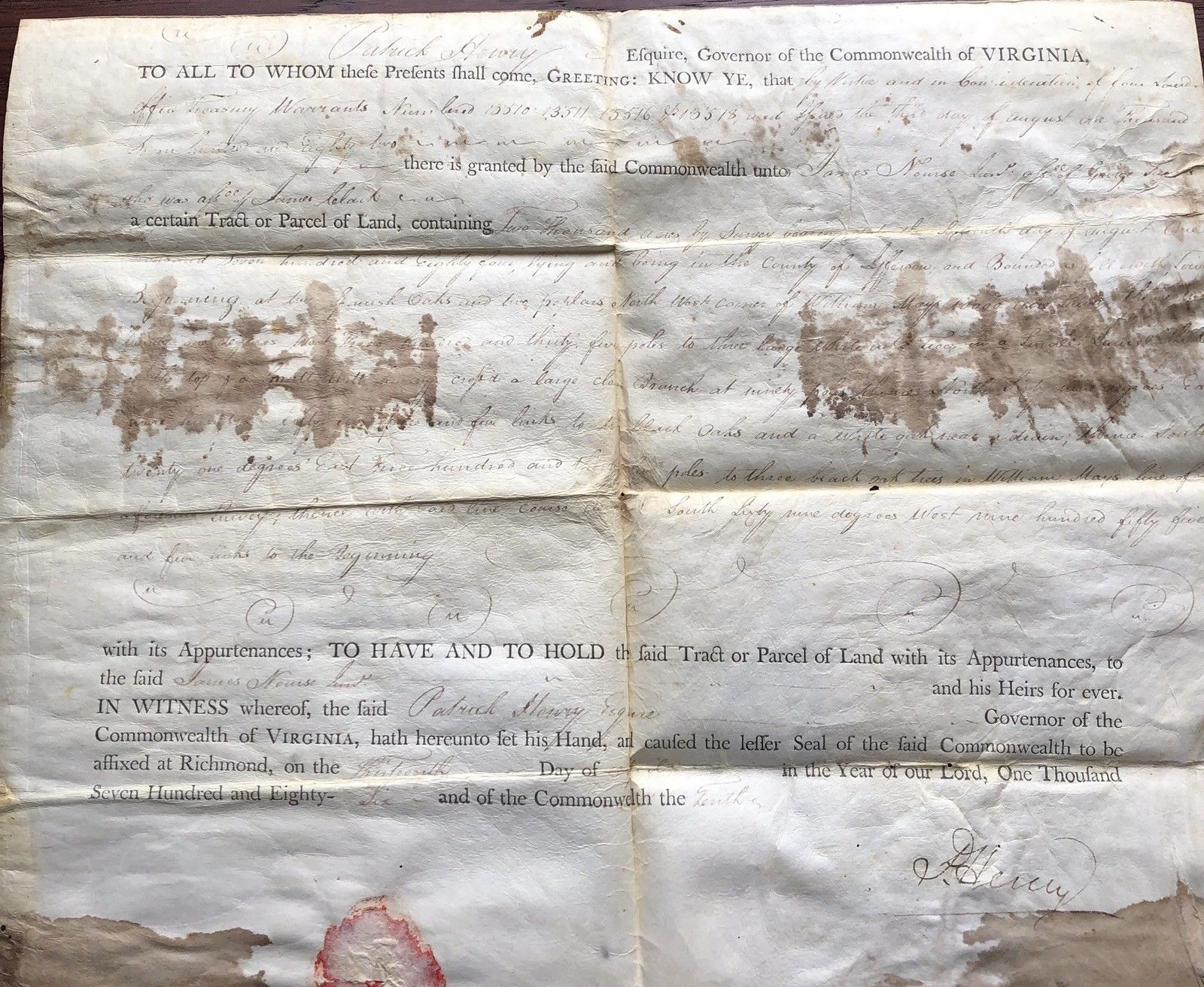 PATRICK HENRY * Signed Land Grant to Friend of GEORGE WASHINGTON * Autograph