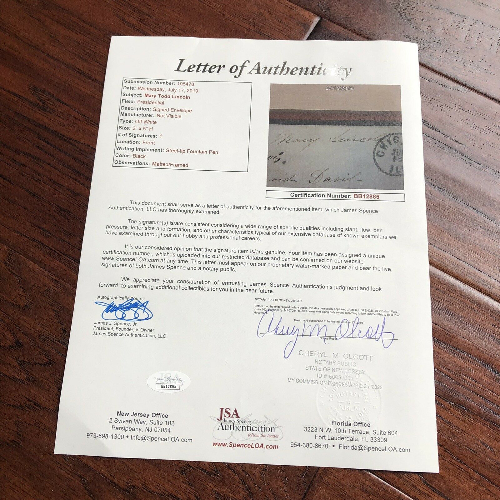 MARY TODD LINCOLN * JSA LOA* Hand Signed Autograph Free Frank * First Lady