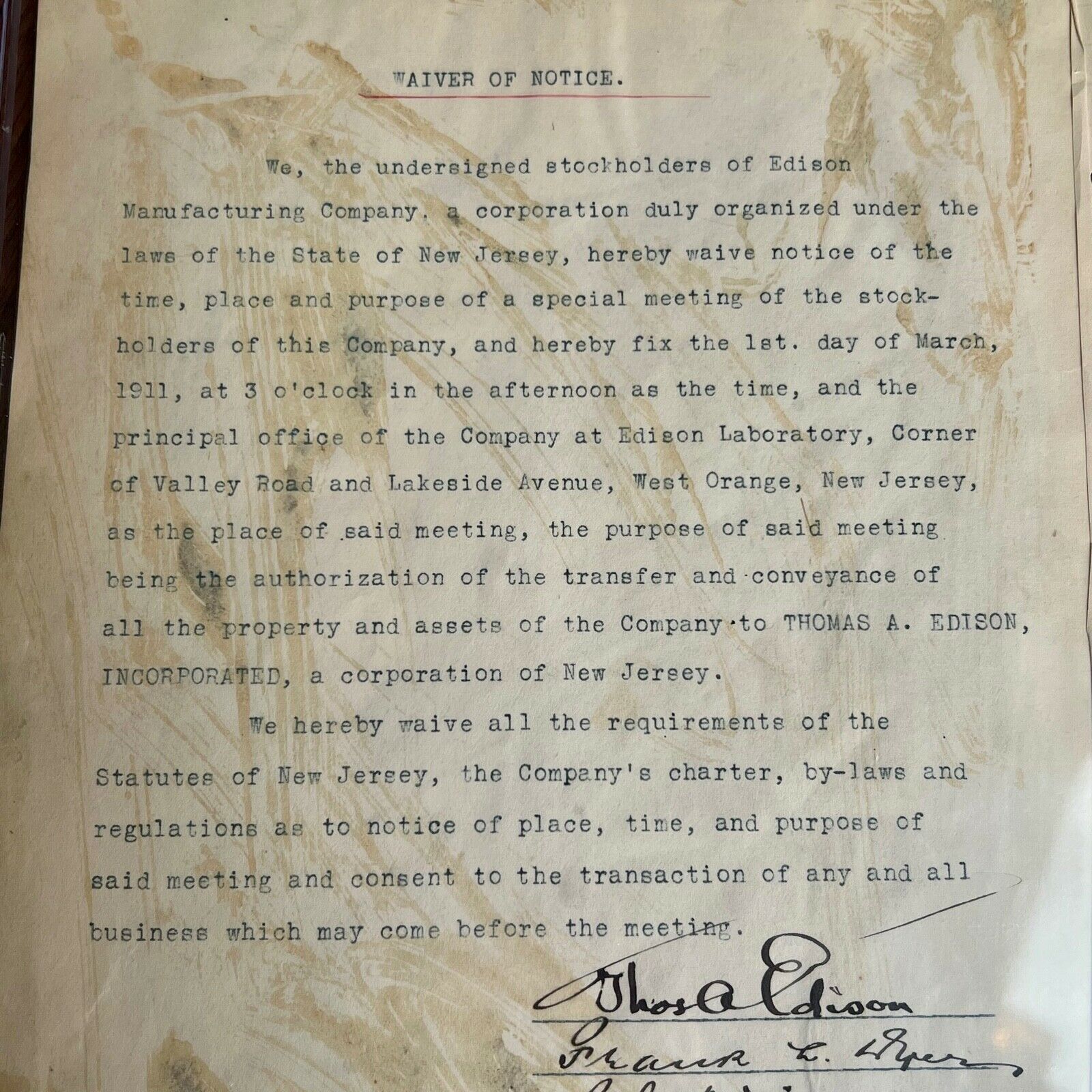 THOMAS EDISON * BECKETT BAS* AUTOGRAPH Company Transfer Corporate Minutes SIGNED