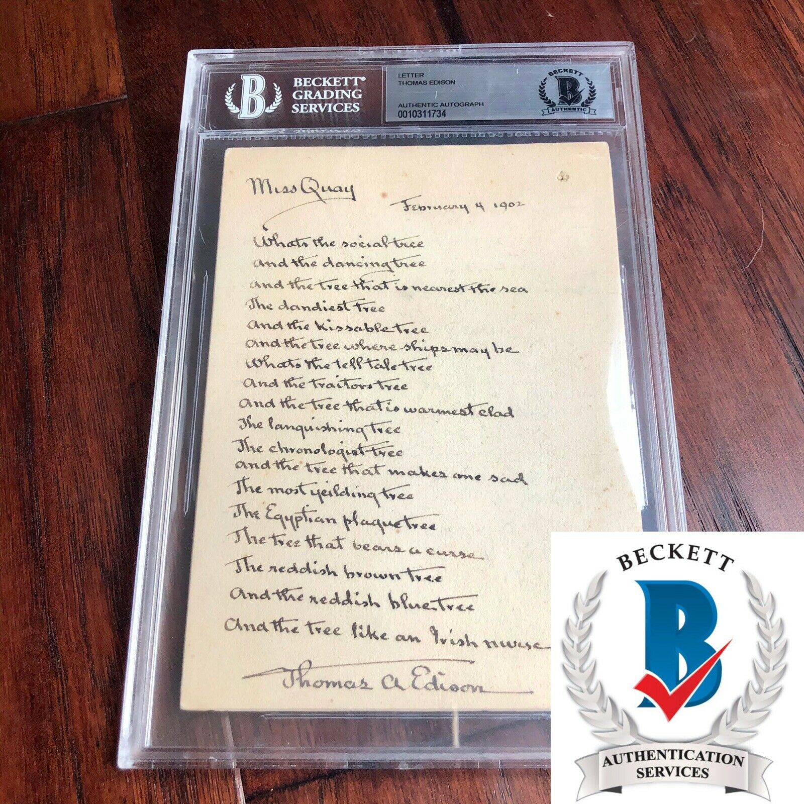 THOMAS EDISON * BAS Beckett Slabbed Autograph * Lengthy Handwritten Poem Signed
