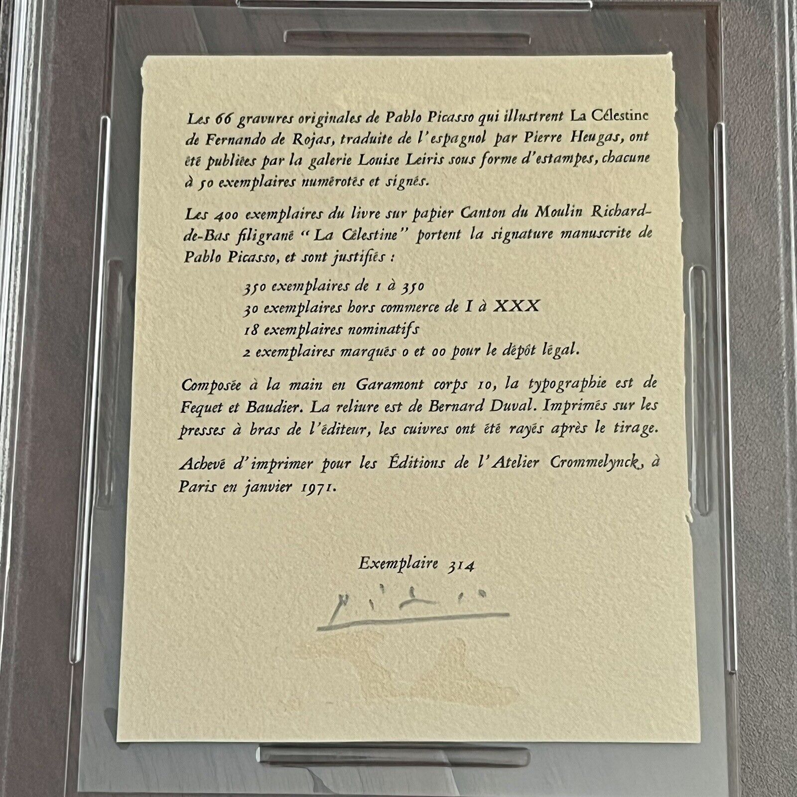 PABLO PICASSO * PSA/DNA * Signed La Célestine Limitation Page Autograph *