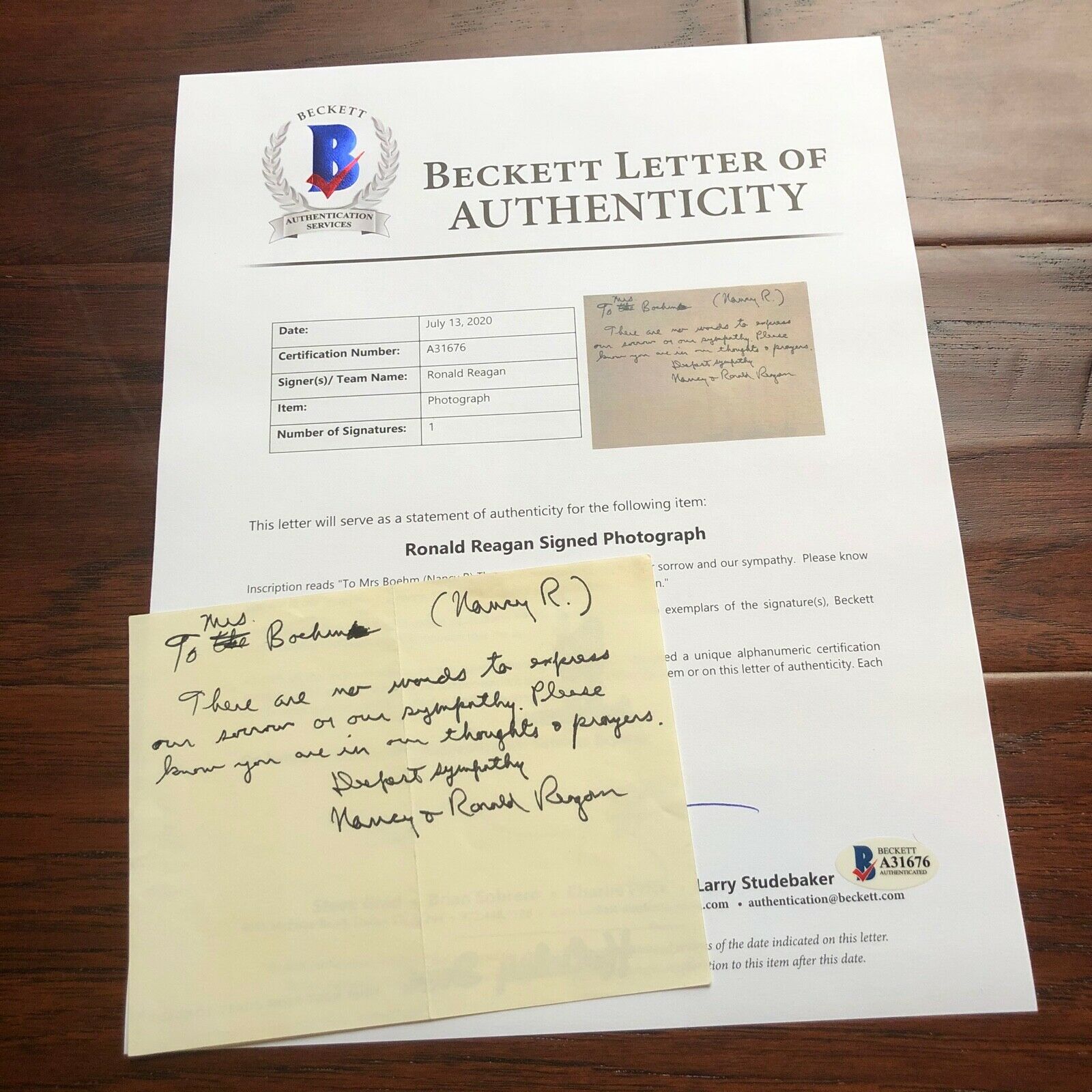 RONALD REAGAN * BAS * Handwritten AUTOGRAPH Condolence Letter SIGNED