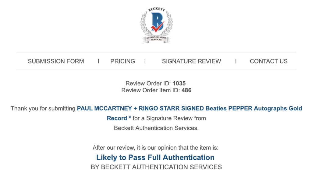 PAUL MCCARTNEY + RINGO STARR SIGNED Beatles PEPPER Autographs Gold Record * COA