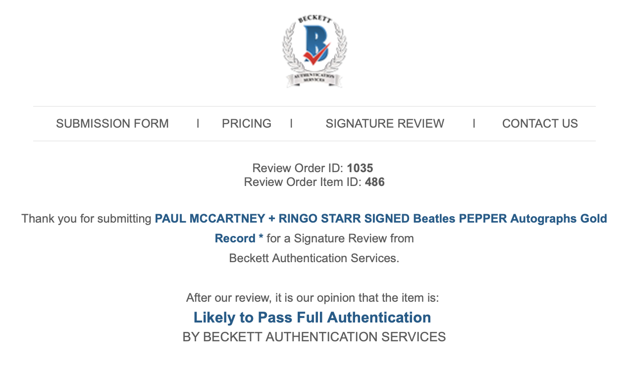 PAUL MCCARTNEY + RINGO STARR SIGNED Beatles PEPPER Autographs Gold Record * COA