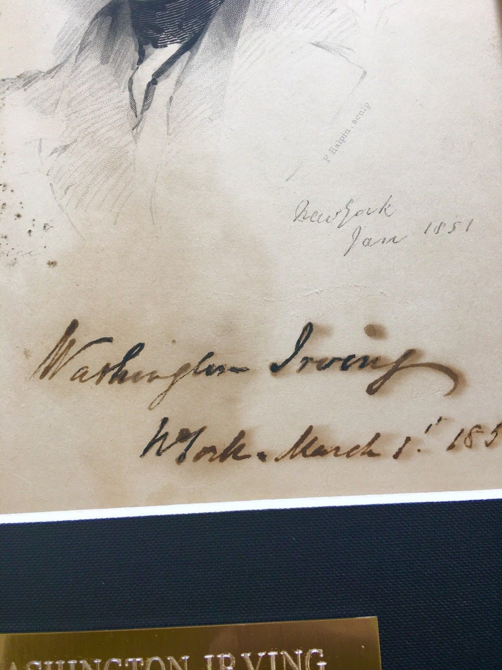 WASHINGTON IRVING * 1/1 SIGNED ENGRAVING * The Legend of Sleepy Hollow Autograph