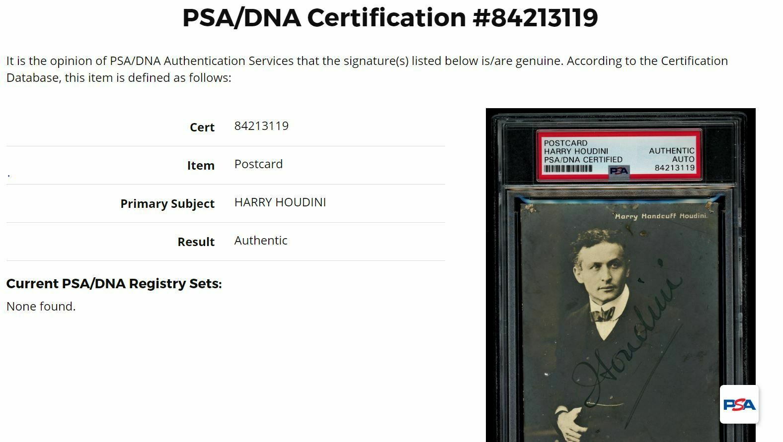 HARRY HOUDINI * PSA/DNA LOA * Hand Signed Post Card Photo Slabbed * Autograph