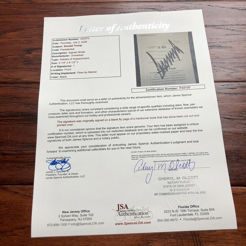 DONALD TRUMP * JSA LOA * Souvenir ARTICLES OF IMPEACHMENT Signed Autograph