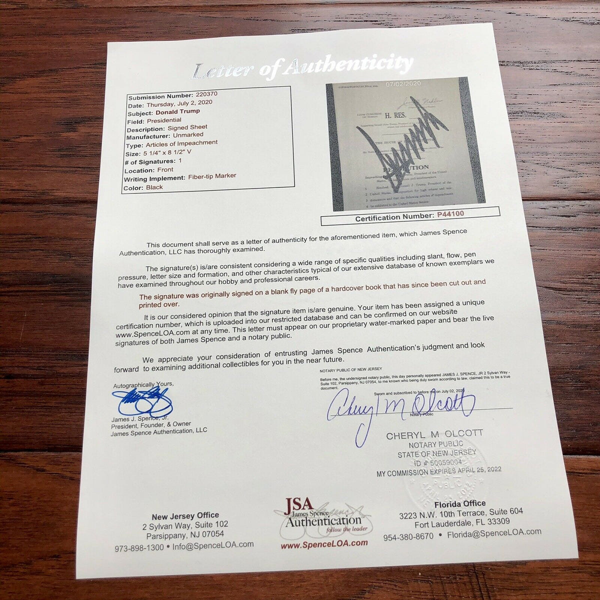 DONALD TRUMP * JSA LOA * Souvenir ARTICLES OF IMPEACHMENT Signed Autograph