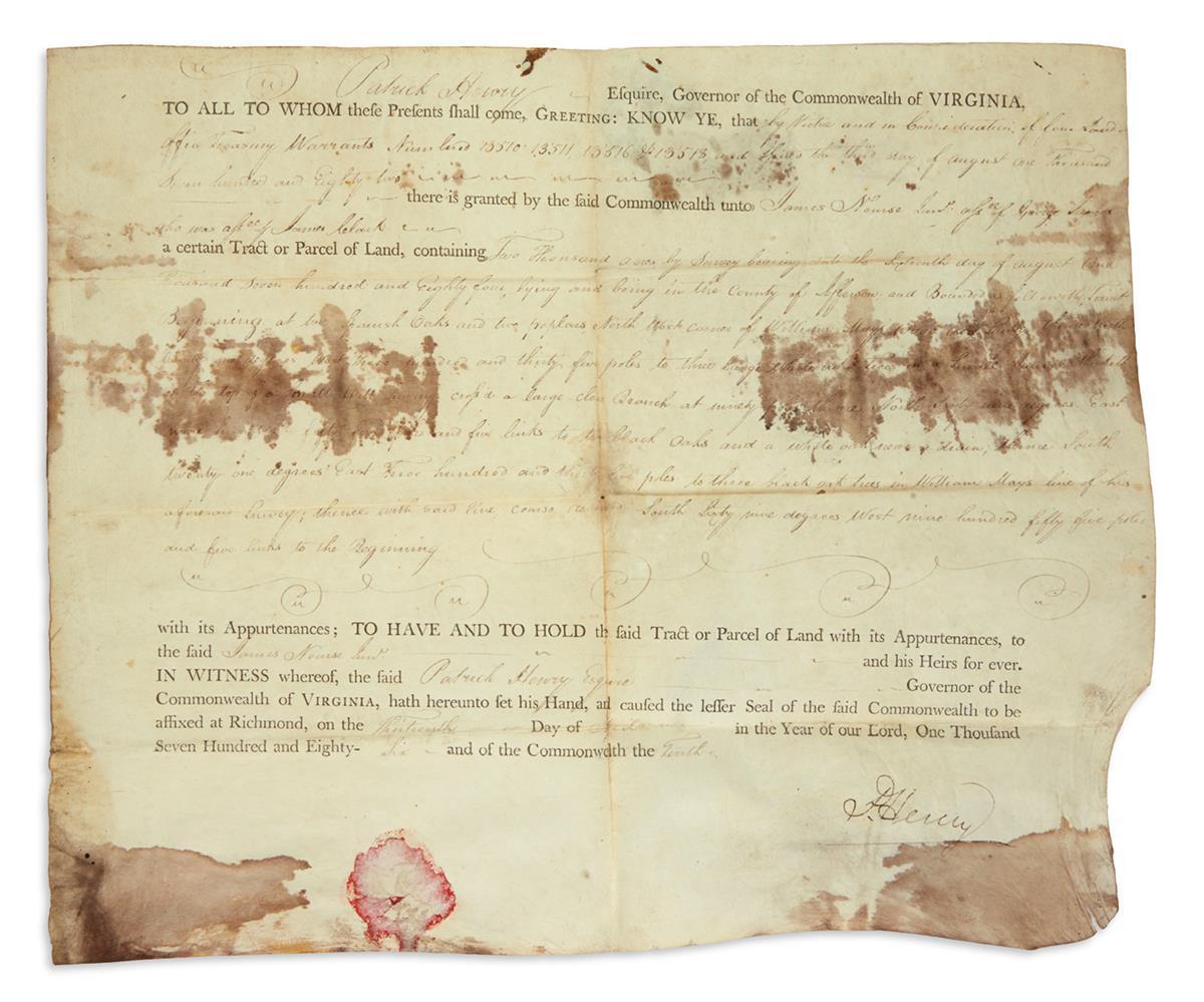 PATRICK HENRY * Signed Land Grant to Friend of GEORGE WASHINGTON * Autograph