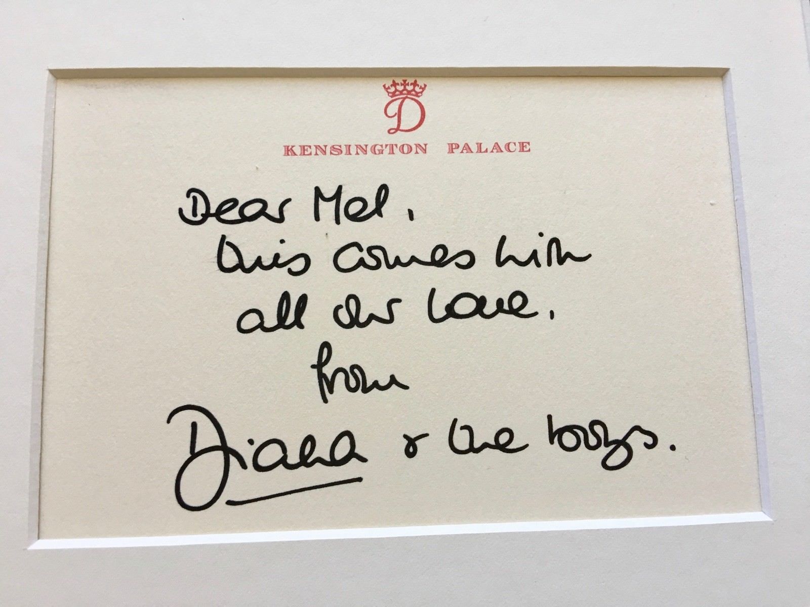 DIANA * Princess of Wales * KENSINGTON Autograph "love DIANA + THE BOYS" Signed