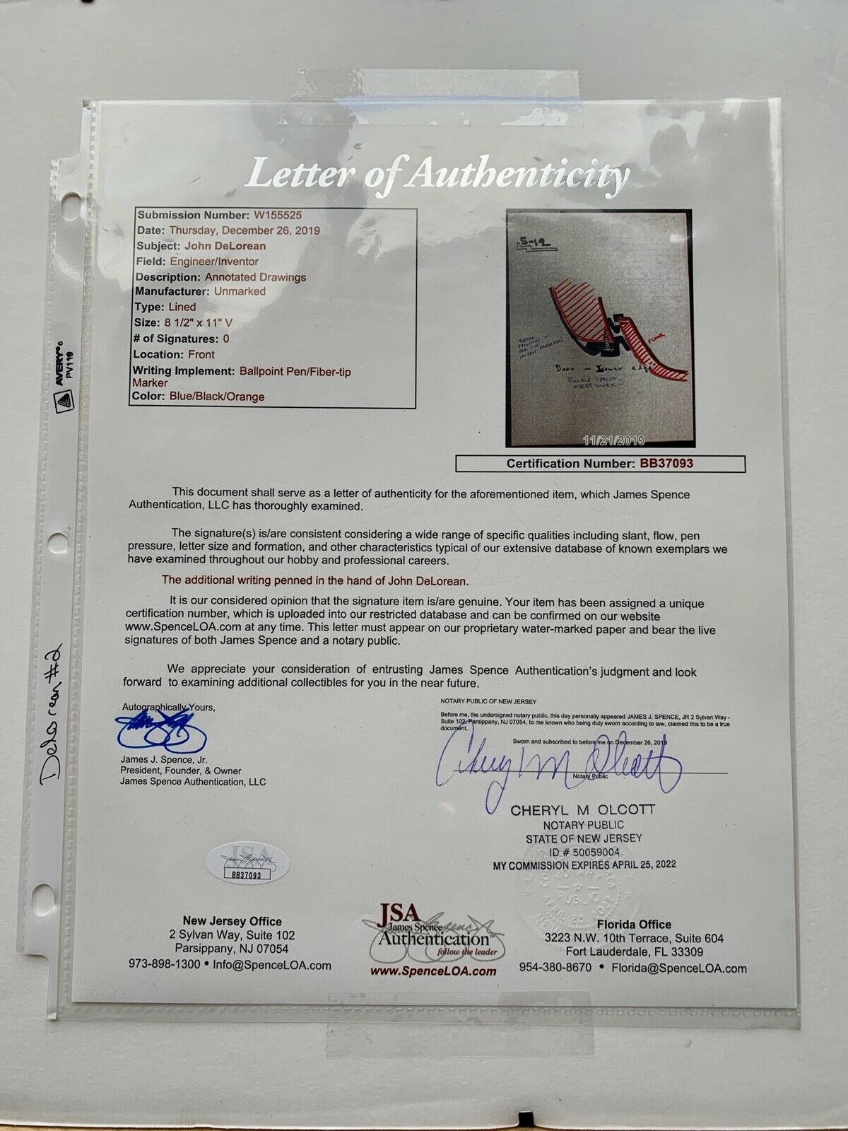 JOHN DeLOREAN * JSA LOA * Hand Drawn Autograph GULL WING Door Seal TRUCK Concept