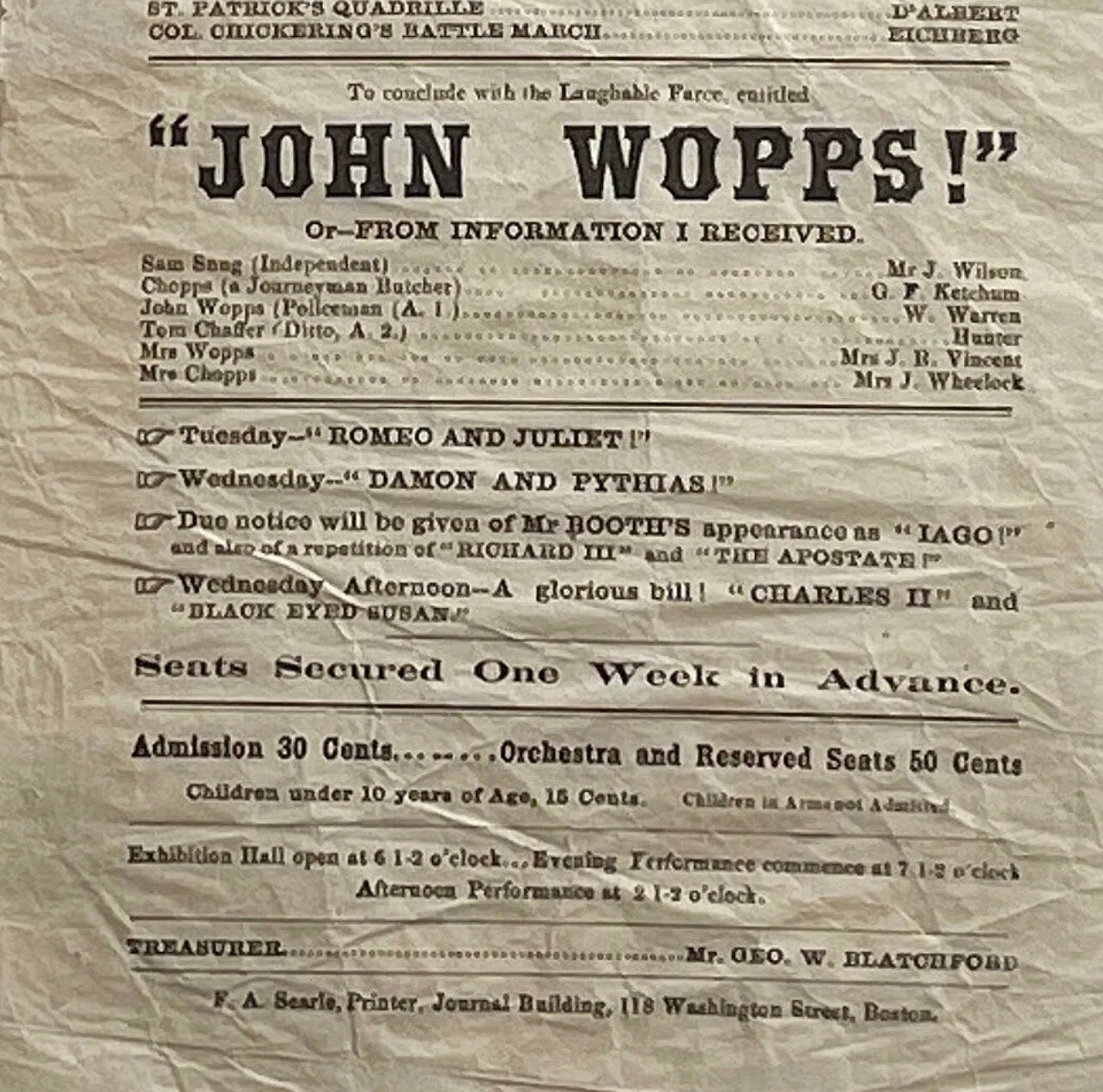 JOHN WILKES BOOTH * Authentic OTHELLO Playbill * 1864 * Abraham Lincoln
