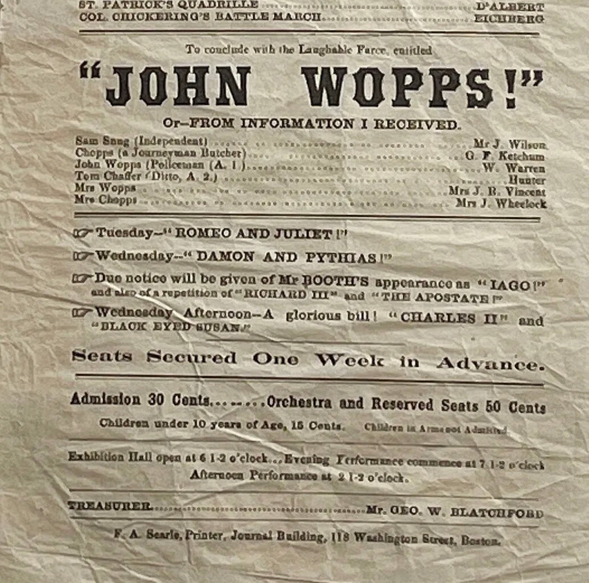 JOHN WILKES BOOTH * Authentic OTHELLO Playbill * 1864 * Abraham Lincoln