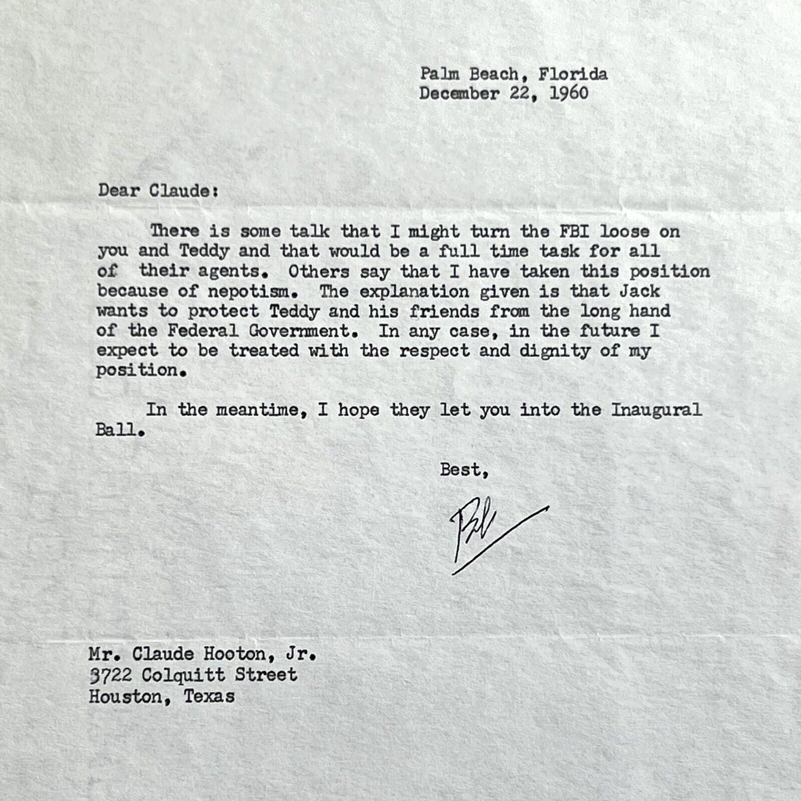 ROBERT F KENNEDY * PSA * Signed Autograph Re: Nepotism and Turning the FBI Loose