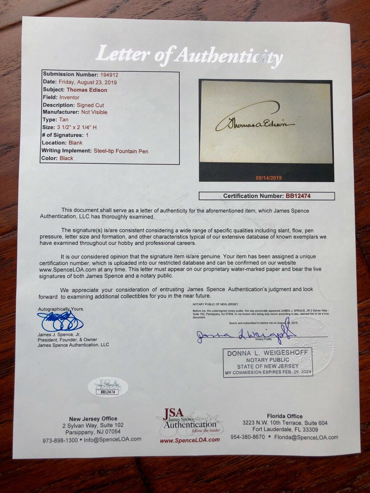 THOMAS EDISON * JSA * Authentic Handwritten AUTOGRAPH SIGNED * Full Signature