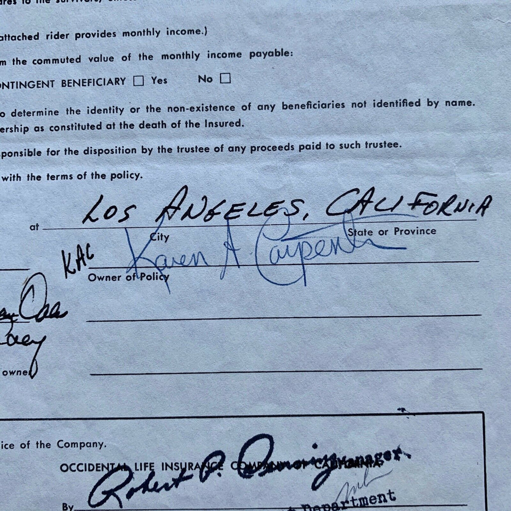 THE CARPENTERS * JSA * Karen's LIFE INSURANCE Beneficiary Form Autograph SIGNED