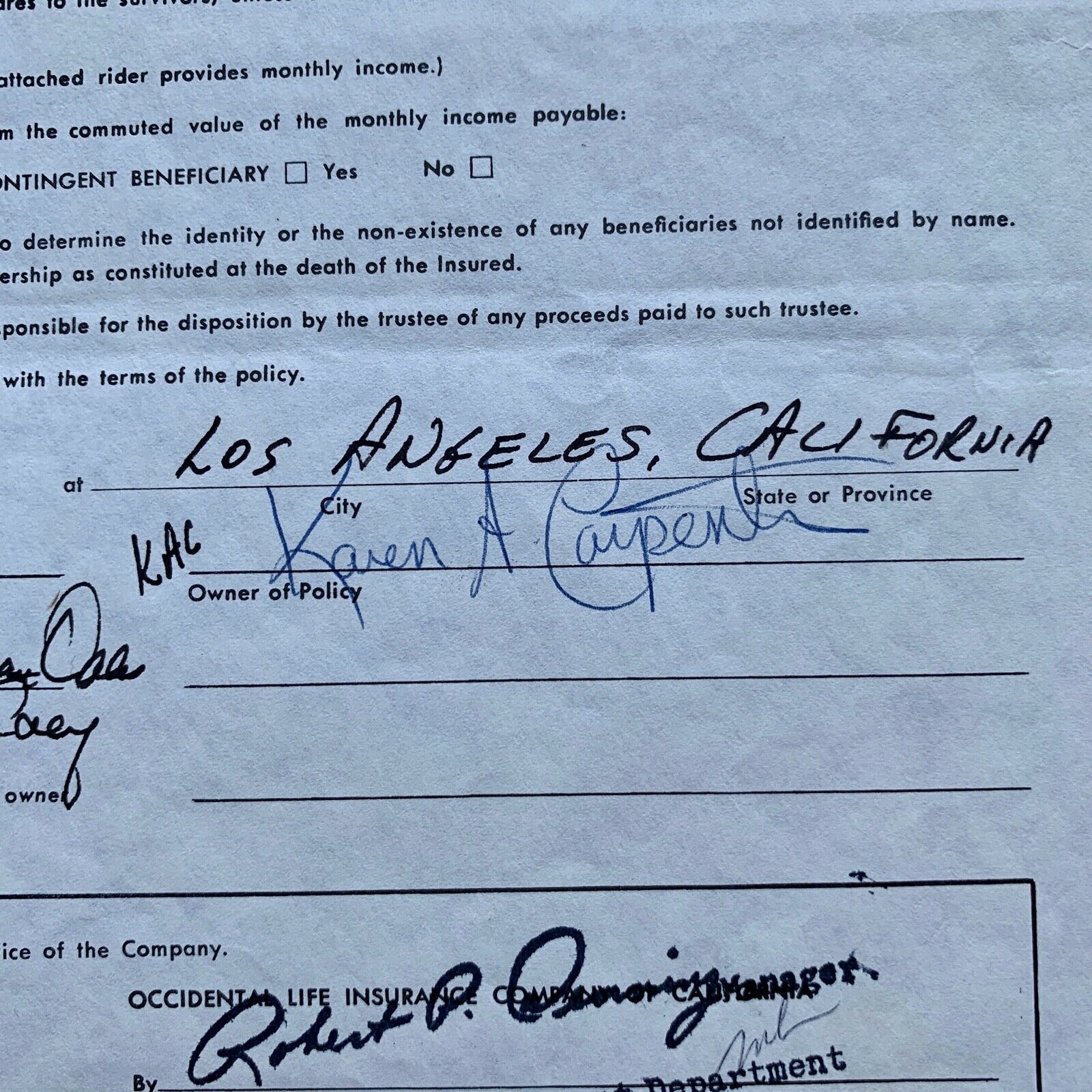 THE CARPENTERS * JSA * Karen's LIFE INSURANCE Beneficiary Form Autograph SIGNED