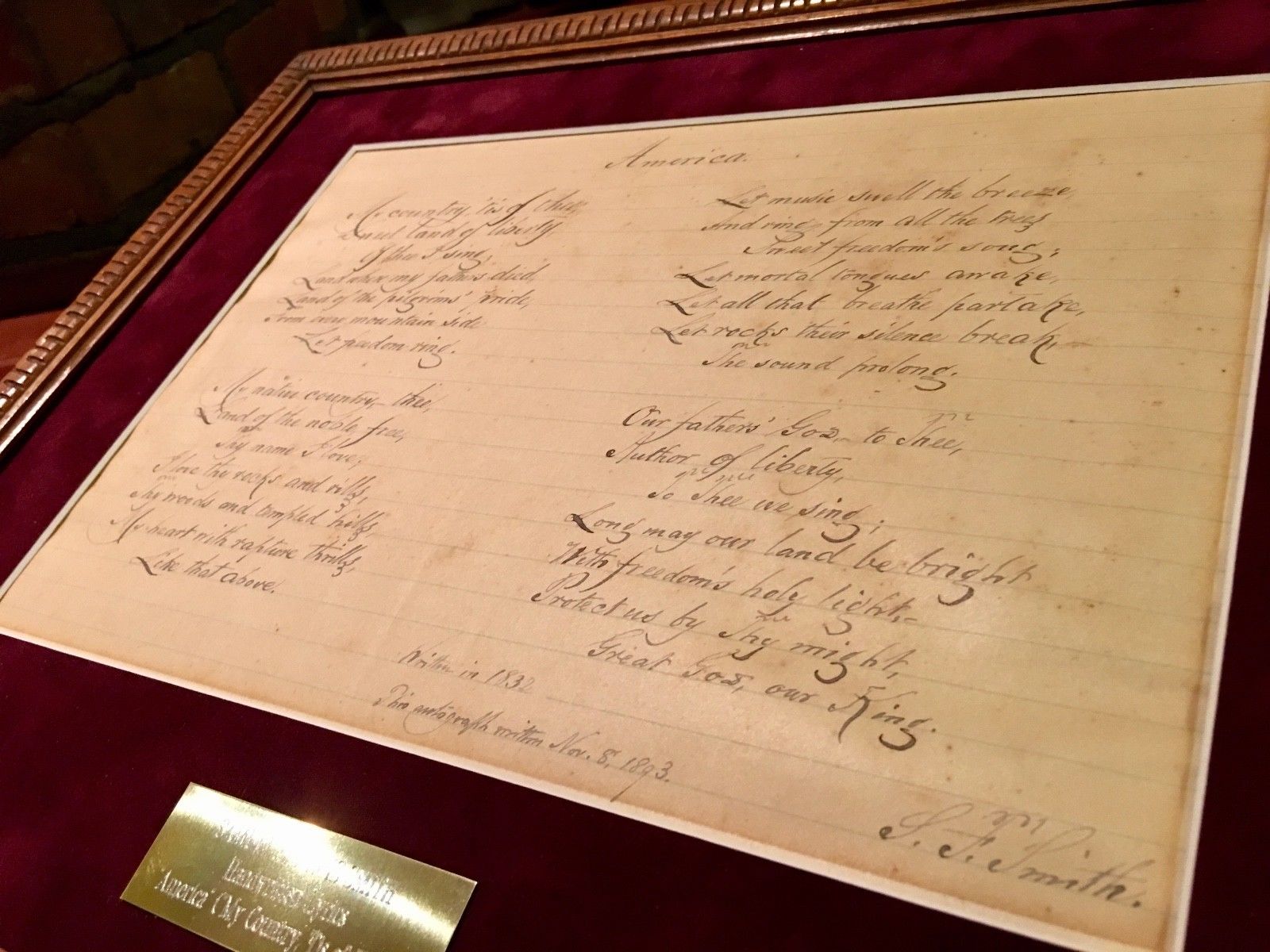 SAMUEL FRANCIS SMITH "America" / My Country 'Tis of Thee AUTOGRAPH Lyrics Signed