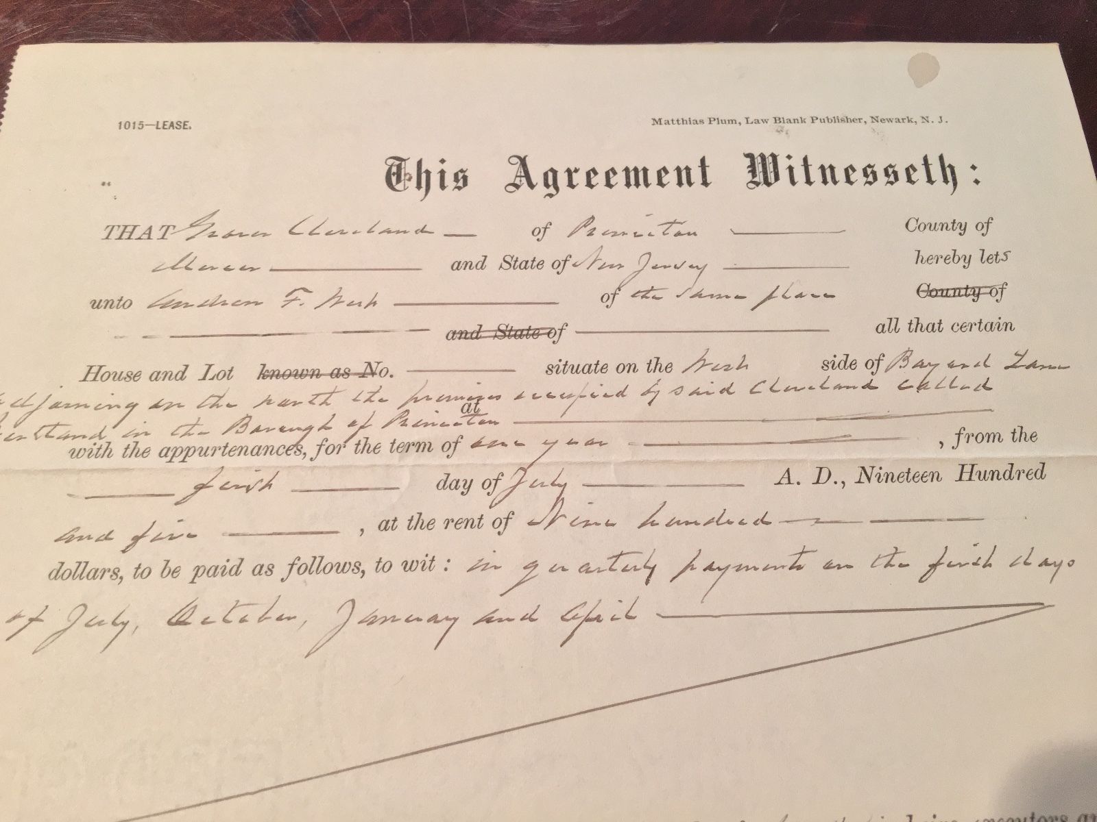 GROVER CLEVELAND * SIGNED 8x AUTOGRAPH Handwritten WESTLAND Lease * President