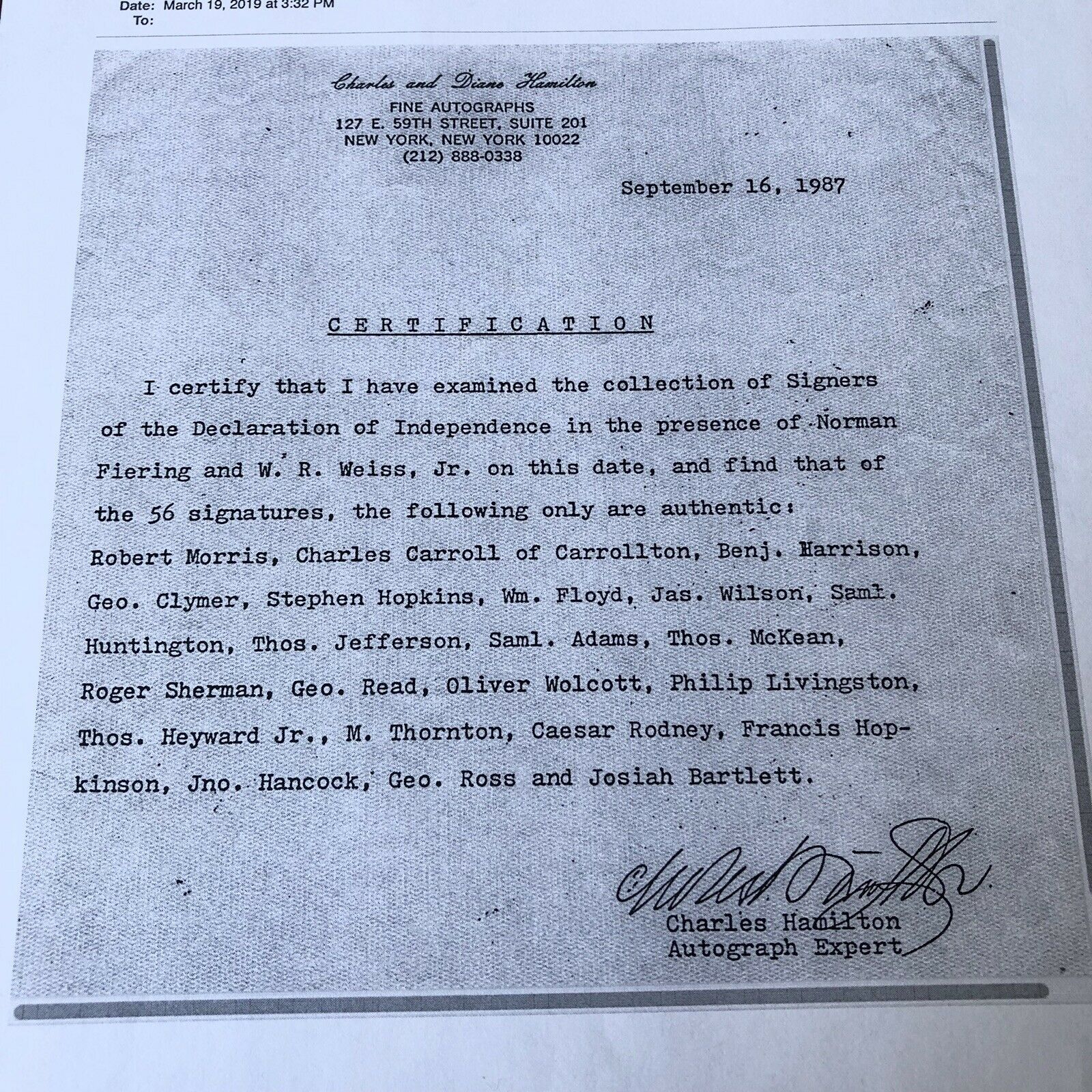 JOHN HANCOCK * PSA/DNA Charles Hamilton COA * BOLD AUTOGRAPH Signature * Signed