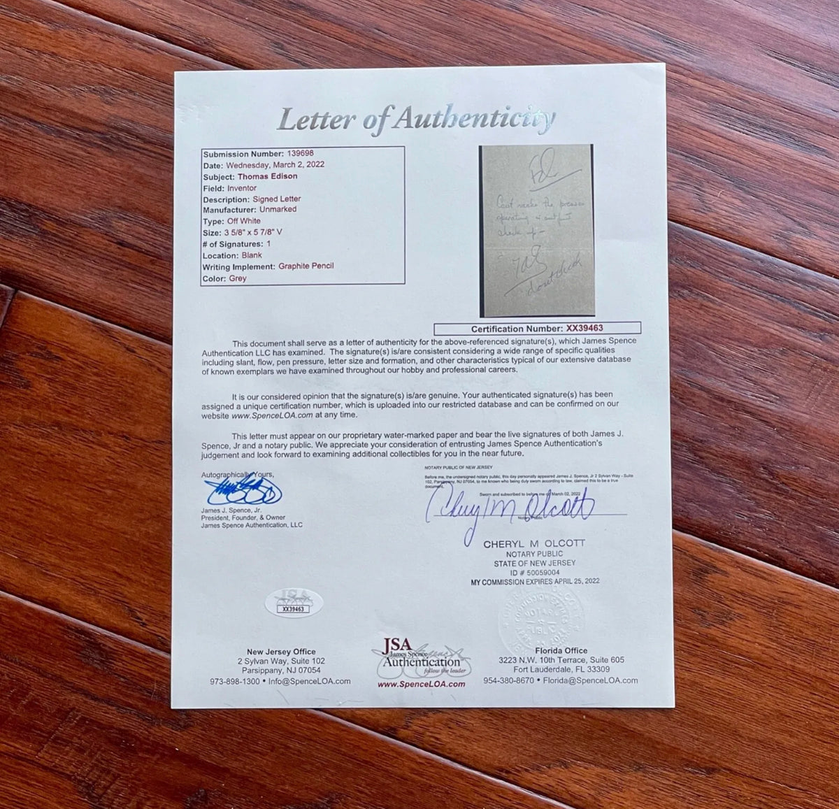 THOMAS EDISON * JSA LOA * Handwritten AUTOGRAPH Note SIGNED