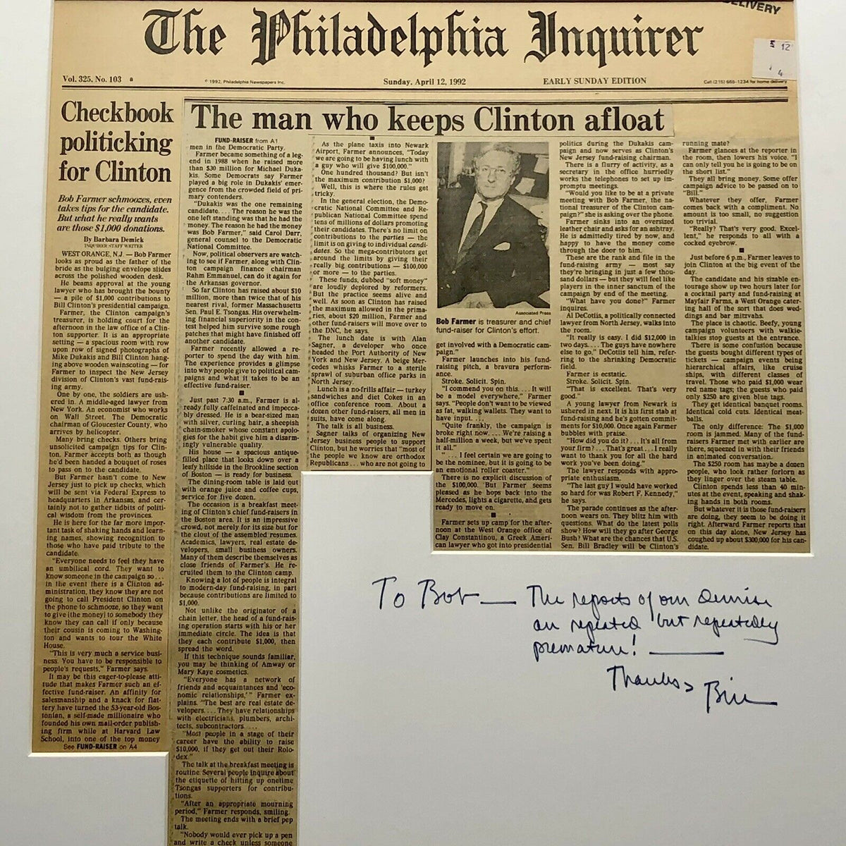 BILL CLINTON * JSA LOA * Signed Autograph Newspaper * Comeback Kid Inscription