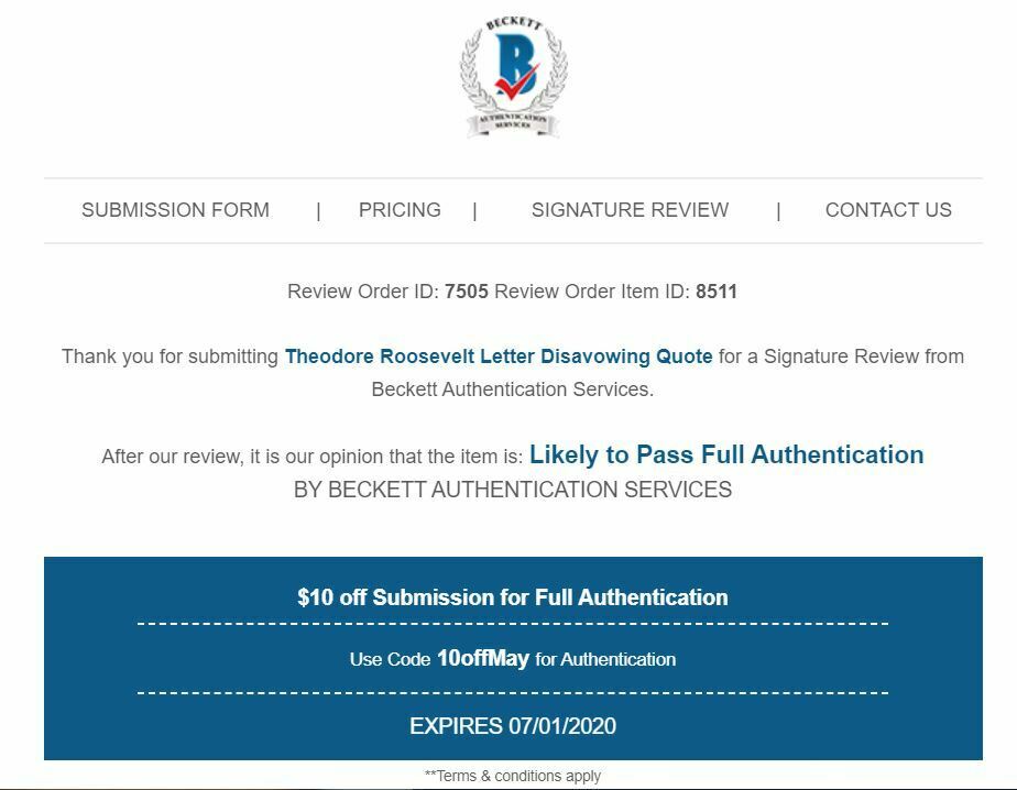 THEODORE ROOSEVELT * BAS * PSA * Autograph Letter Signed Denying Quote