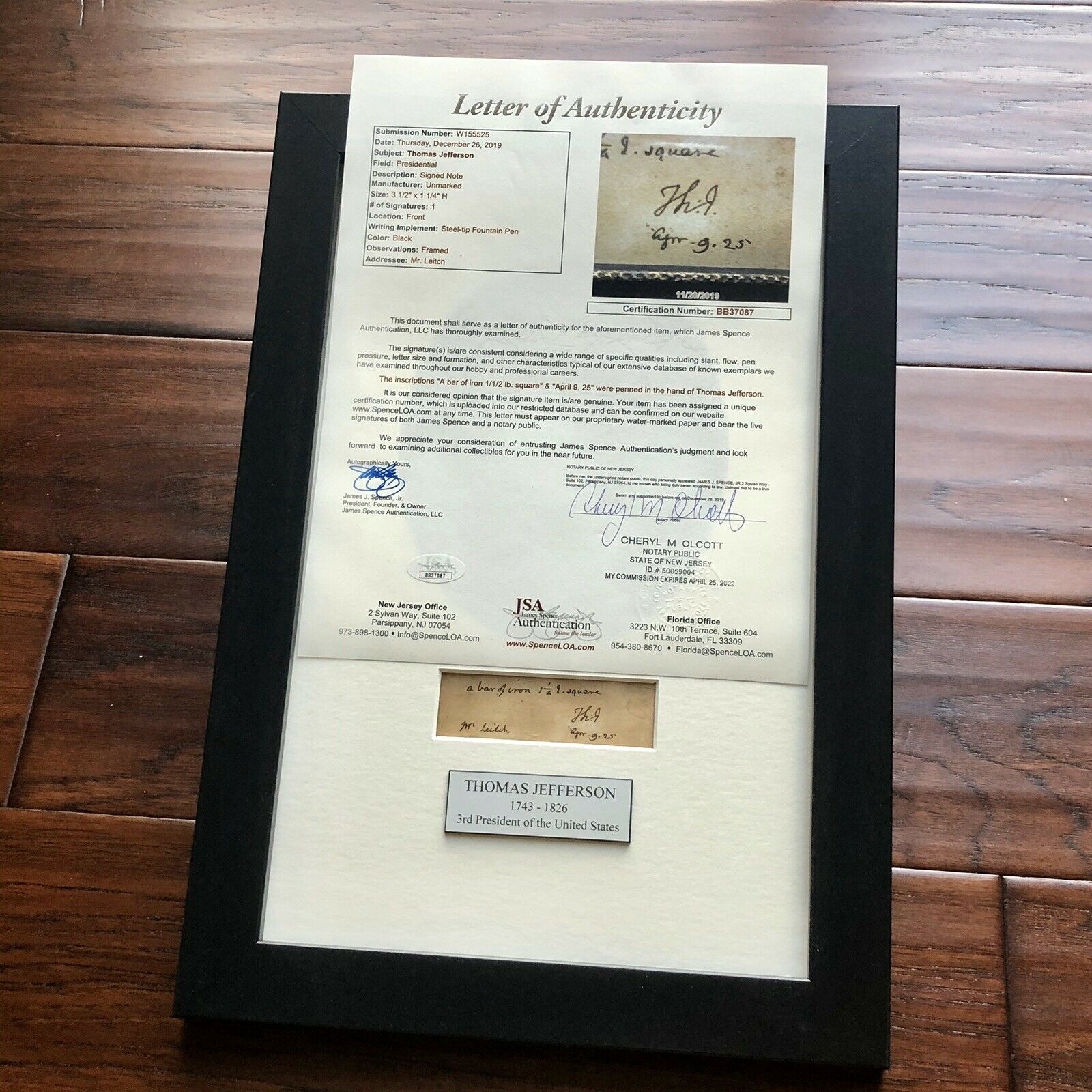 THOMAS JEFFERSON * JSA LOA * Autograph Note Carried by Slave Signed * President