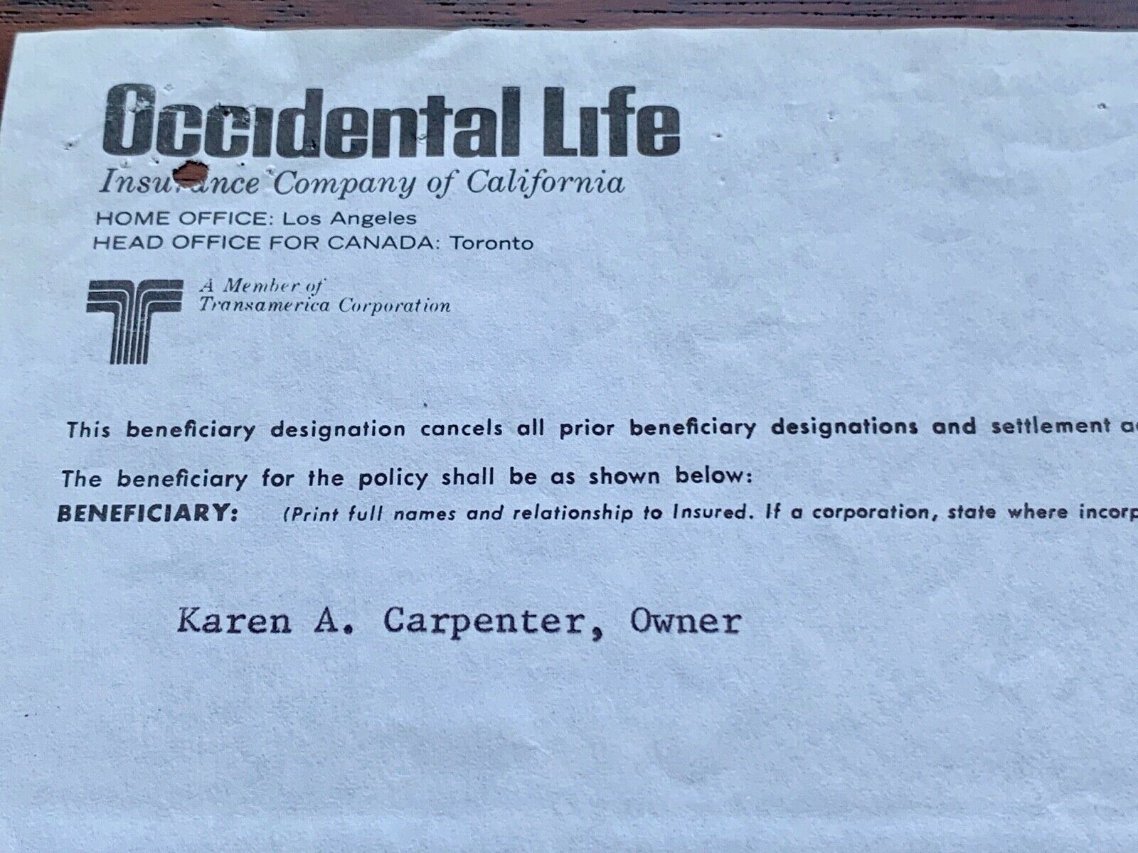 THE CARPENTERS * JSA * Karen's LIFE INSURANCE Beneficiary Form Autograph SIGNED