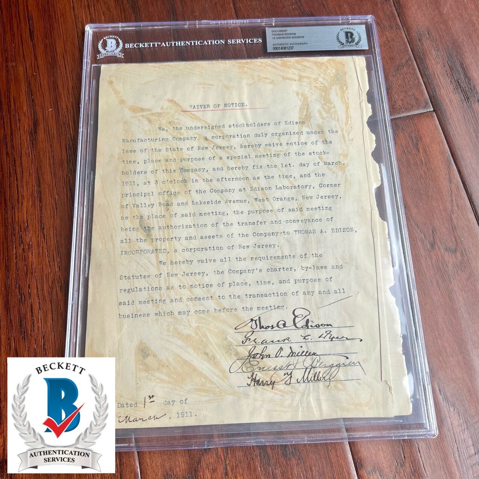 THOMAS EDISON * BECKETT BAS* AUTOGRAPH Company Transfer Corporate Minutes SIGNED