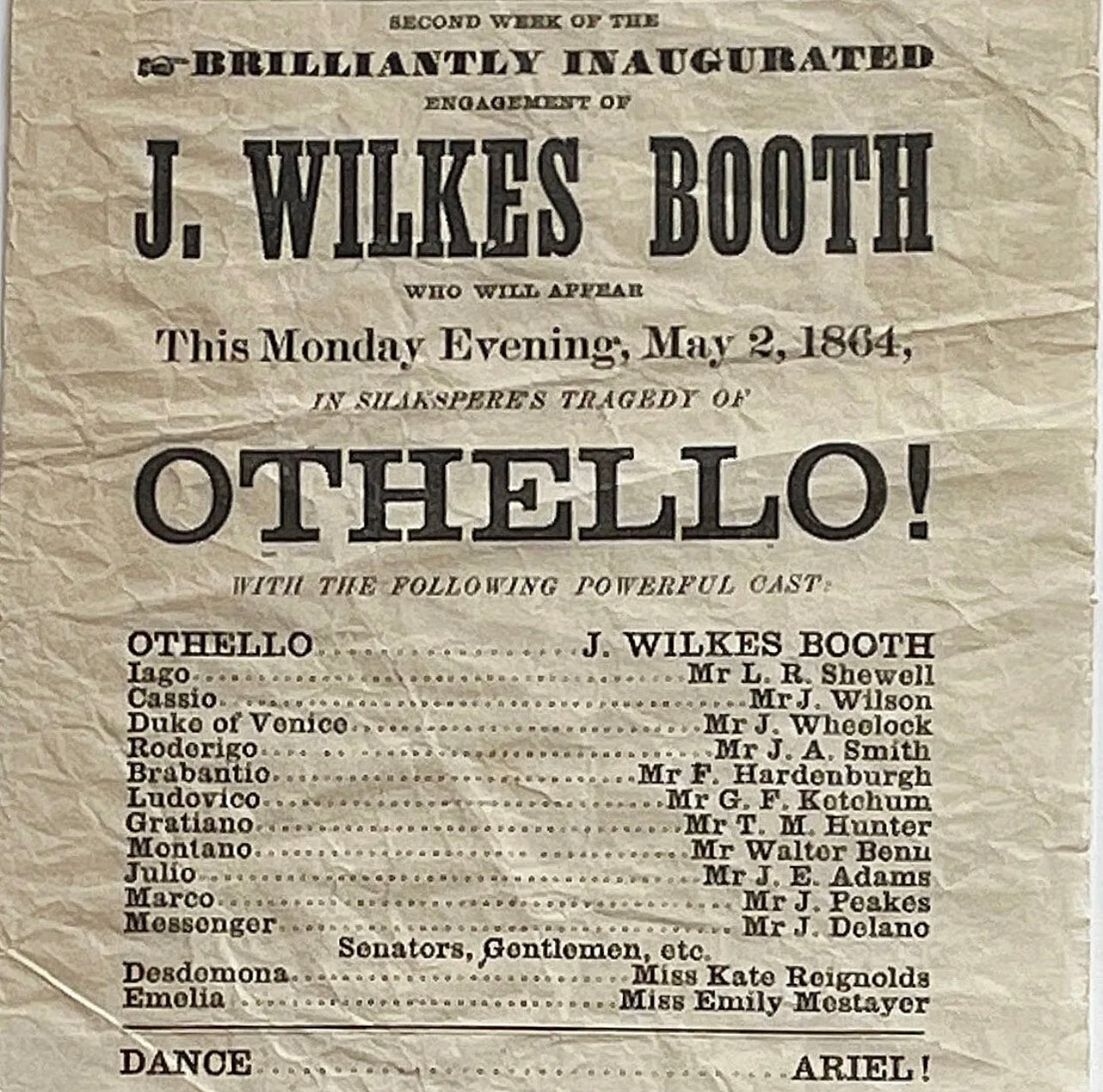 JOHN WILKES BOOTH * Authentic OTHELLO Playbill * 1864 * Abraham Lincoln