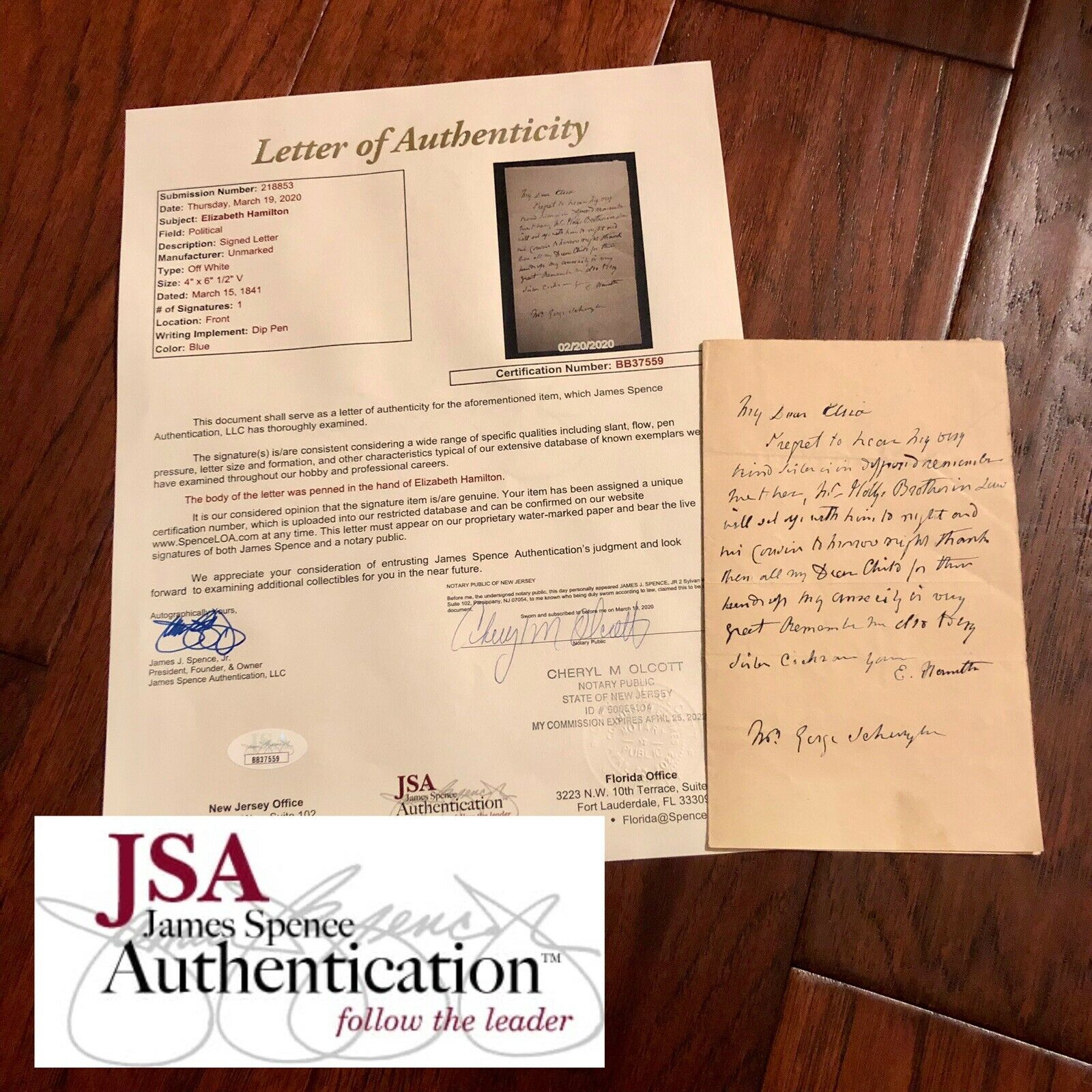 ELIZABETH ELIZA SCHUYLER HAMILTON * JSA LOA * Autograph Letter Signed to Family