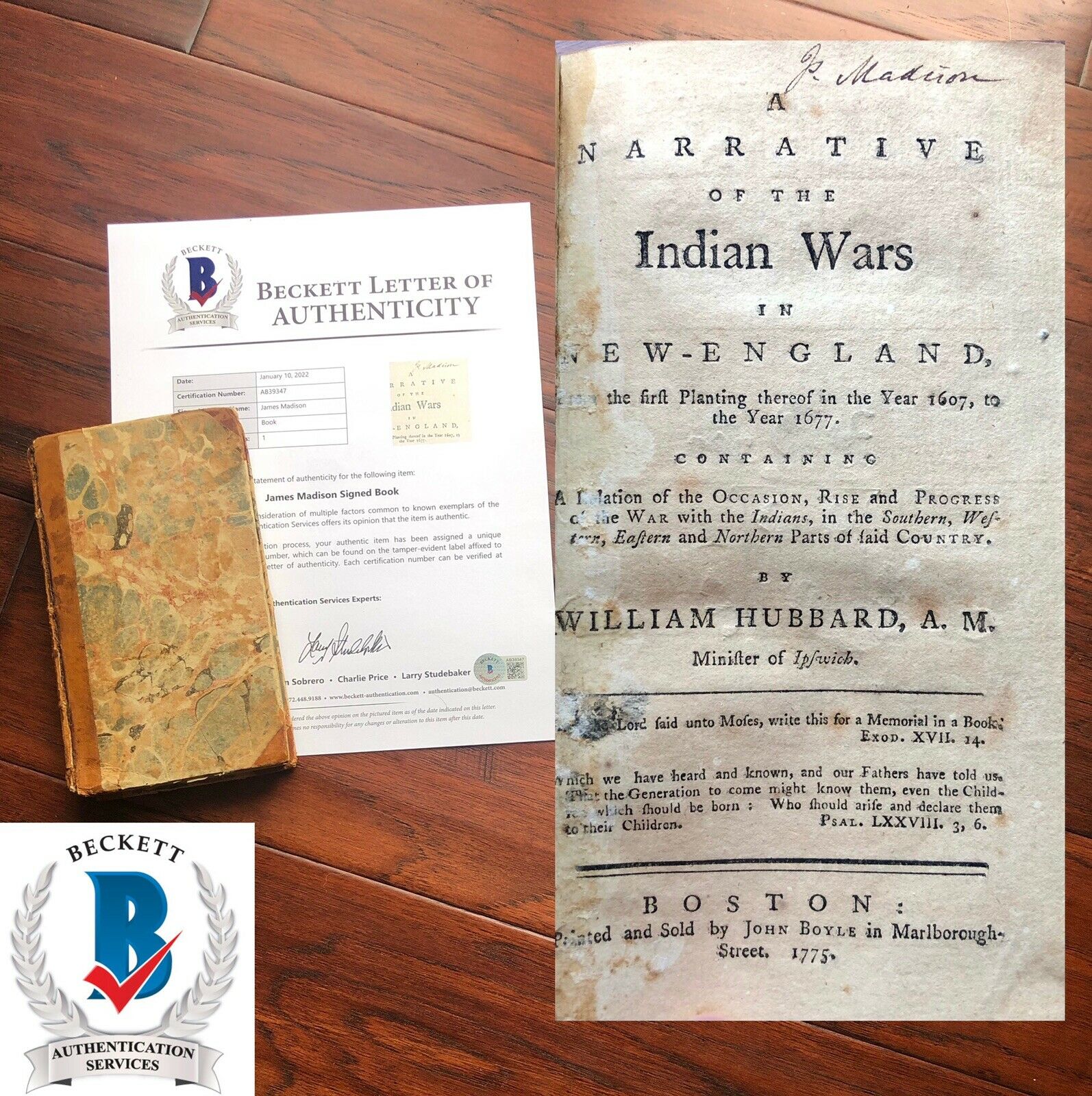 JAMES MADISON * Beckett * Signed Book from his Library On Native Wars Autograph