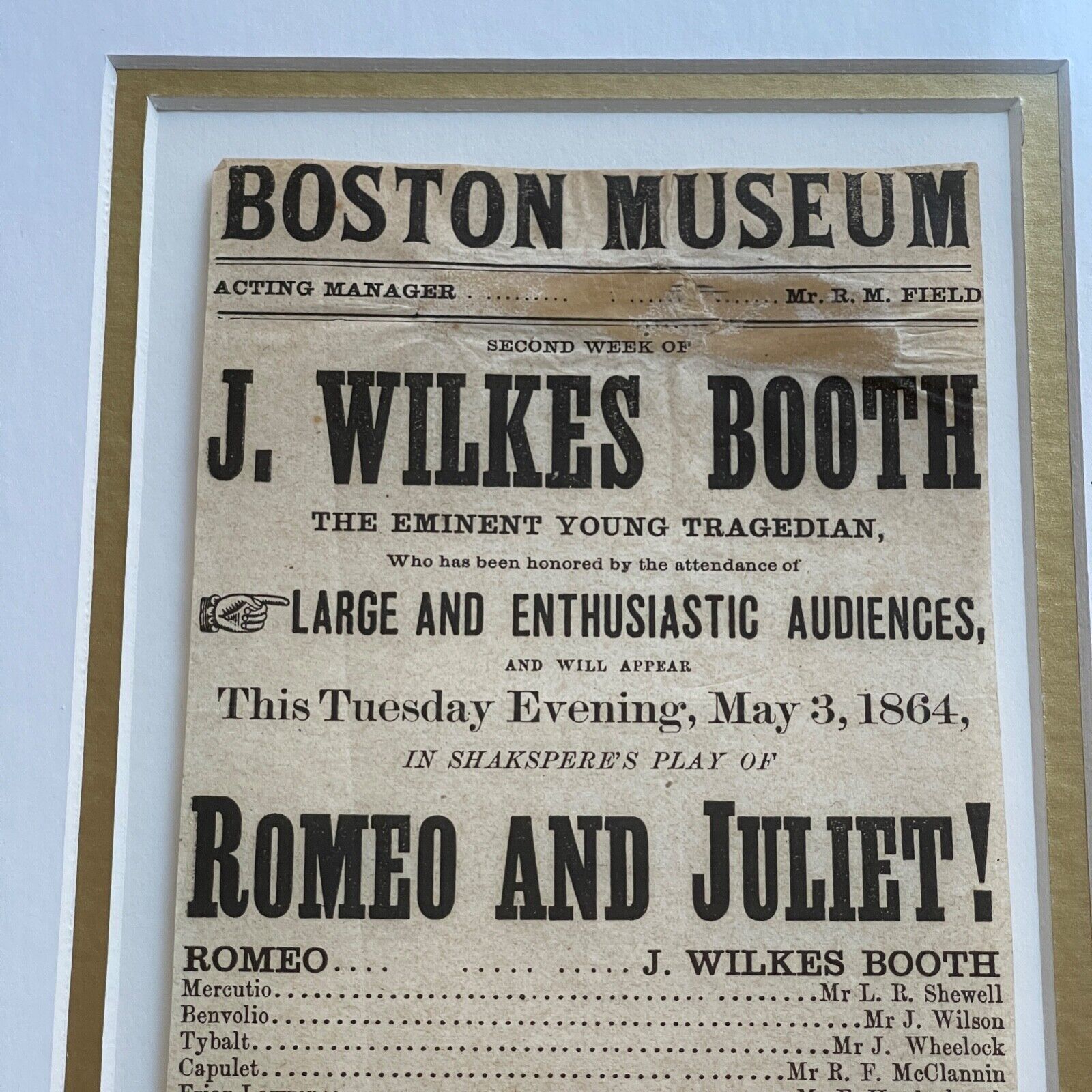 JOHN WILKES BOOTH * Authentic ROMEO & JULIET Playbill * 1864 * Abraham Lincoln
