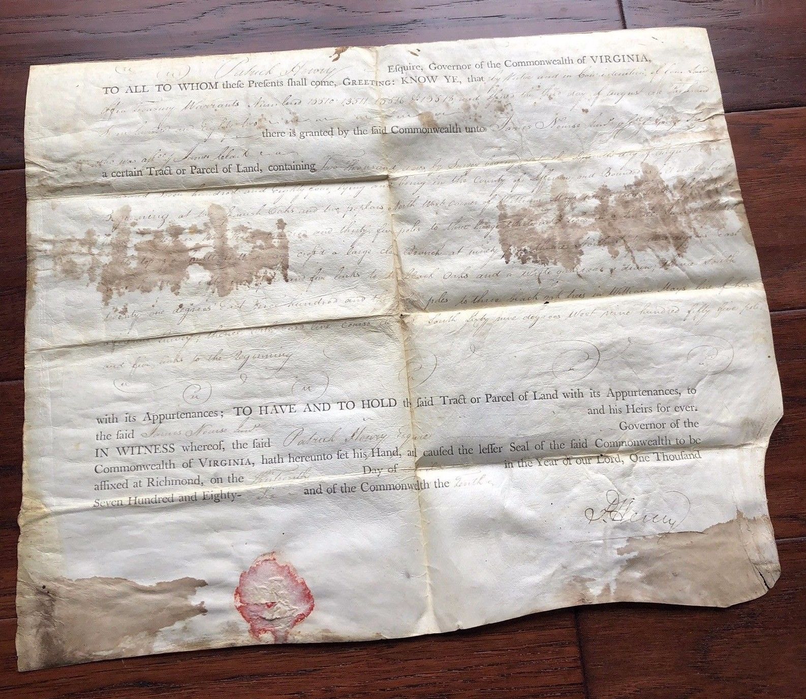 PATRICK HENRY * Signed Land Grant to Friend of GEORGE WASHINGTON * Autograph