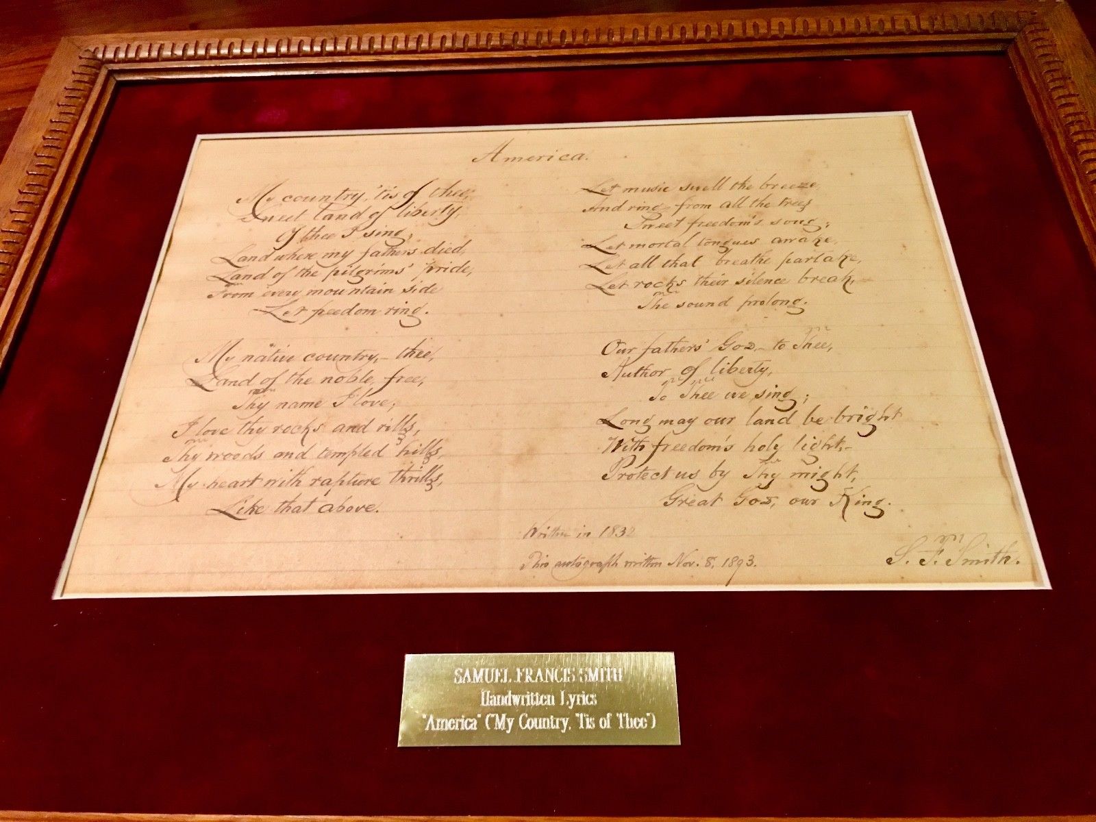SAMUEL FRANCIS SMITH "America" / My Country 'Tis of Thee AUTOGRAPH Lyrics Signed