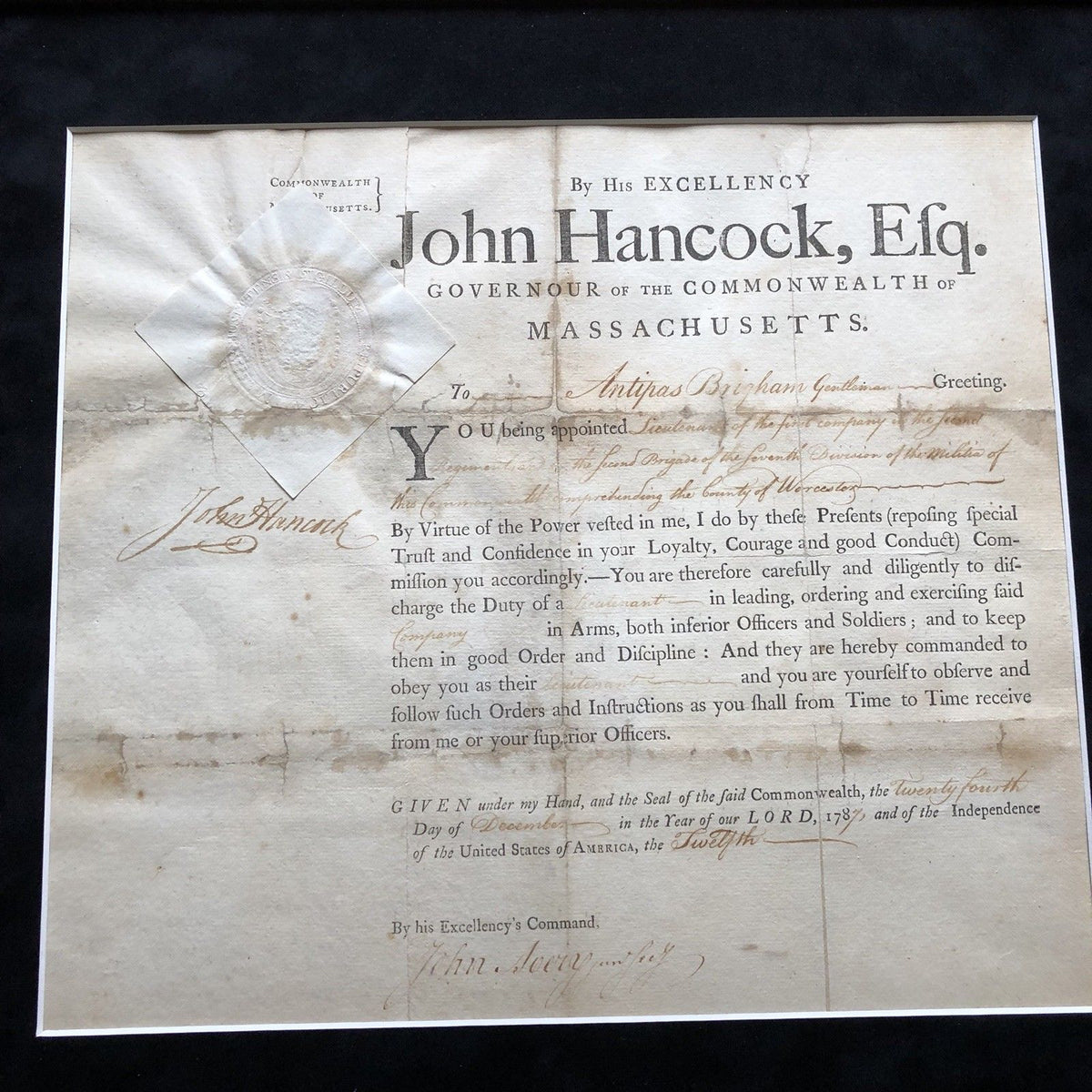 JOHN HANCOCK * JSA LOA * Hand Signed GOVERNORS APPOINTMENT * Signer Autograph