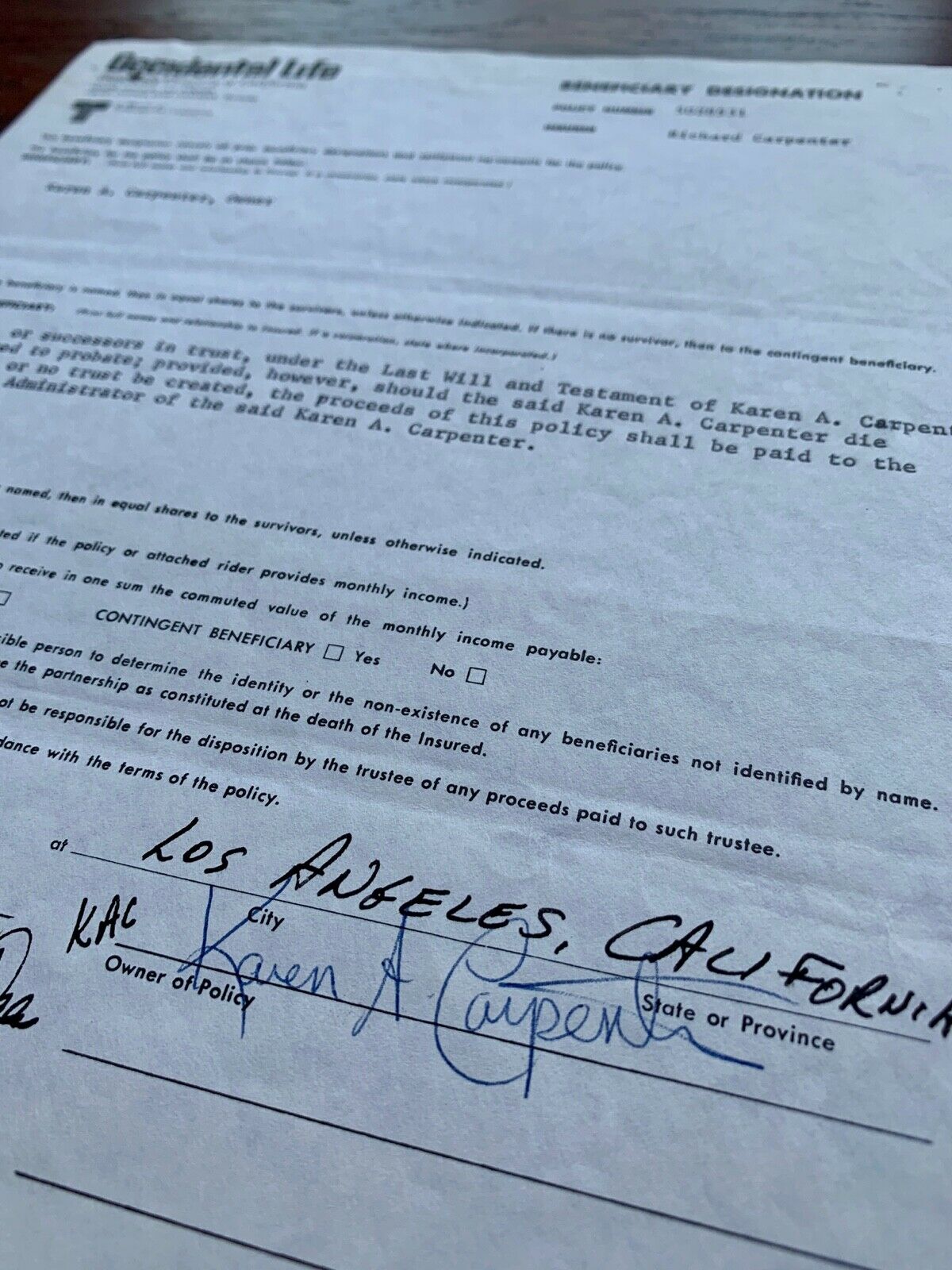 THE CARPENTERS * JSA * Karen's LIFE INSURANCE Beneficiary Form Autograph SIGNED