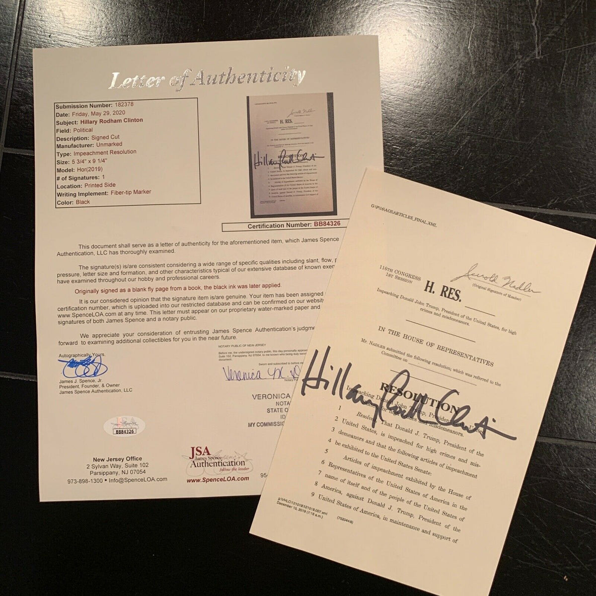 HILLARY CLINTON * JSA * Souvenir Trump ARTICLES OF IMPEACHMENT Signed Autograph